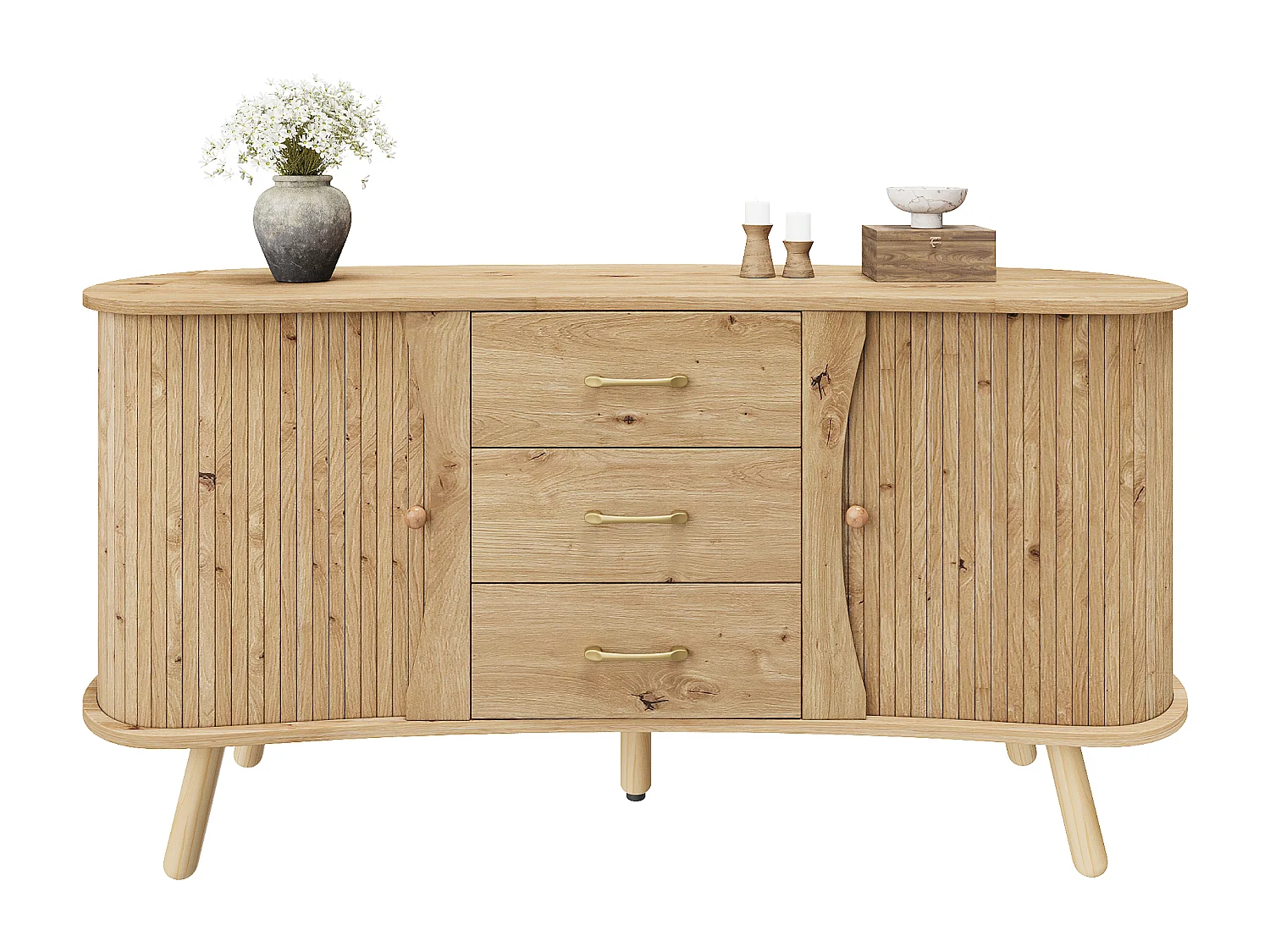 Buffet style scandinave moderne - 150 x 36.5 x 75 cm - avec 2 portes coulissantes + 3 tiroirs - MDF - naturel clair