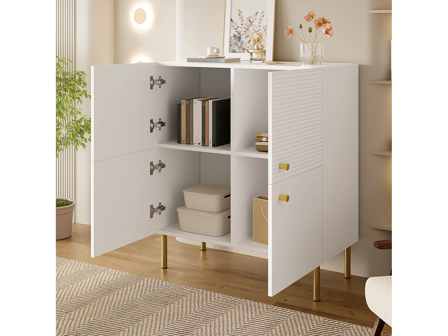Buffet moderne pour salon - 80 x 36 x 90 cm - avec 2 portes - pieds en acier - MDF - blanc