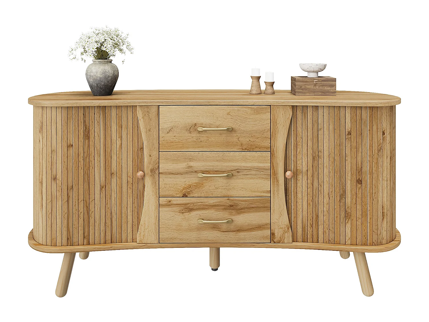Buffet style scandinave moderne - 150 x 36.5 x 75 cm - avec 2 portes coulissantes + 3 tiroirs - MDF - naturel