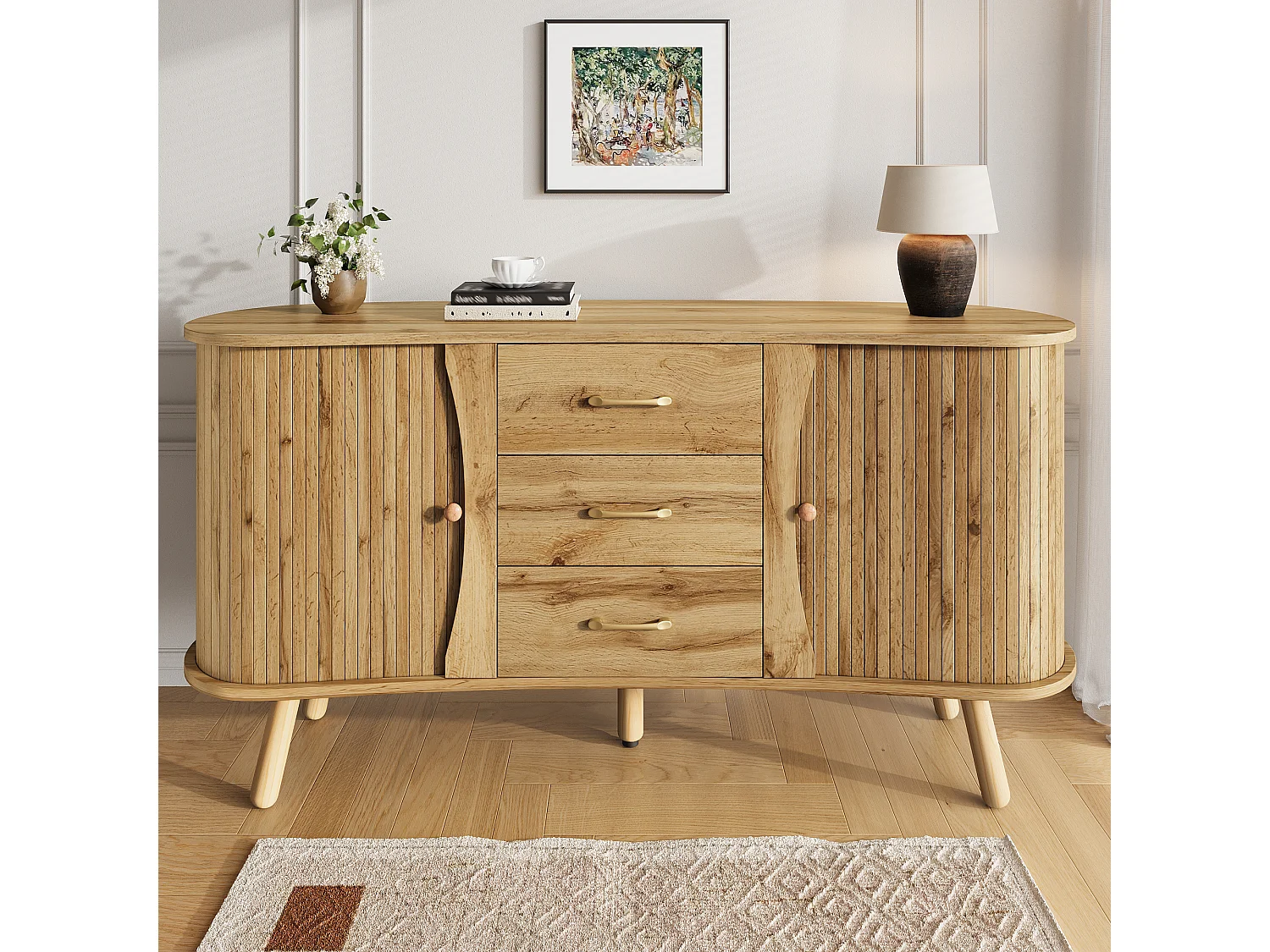 Buffet style scandinave moderne - 150 x 36.5 x 75 cm - avec 2 portes coulissantes + 3 tiroirs - MDF - naturel