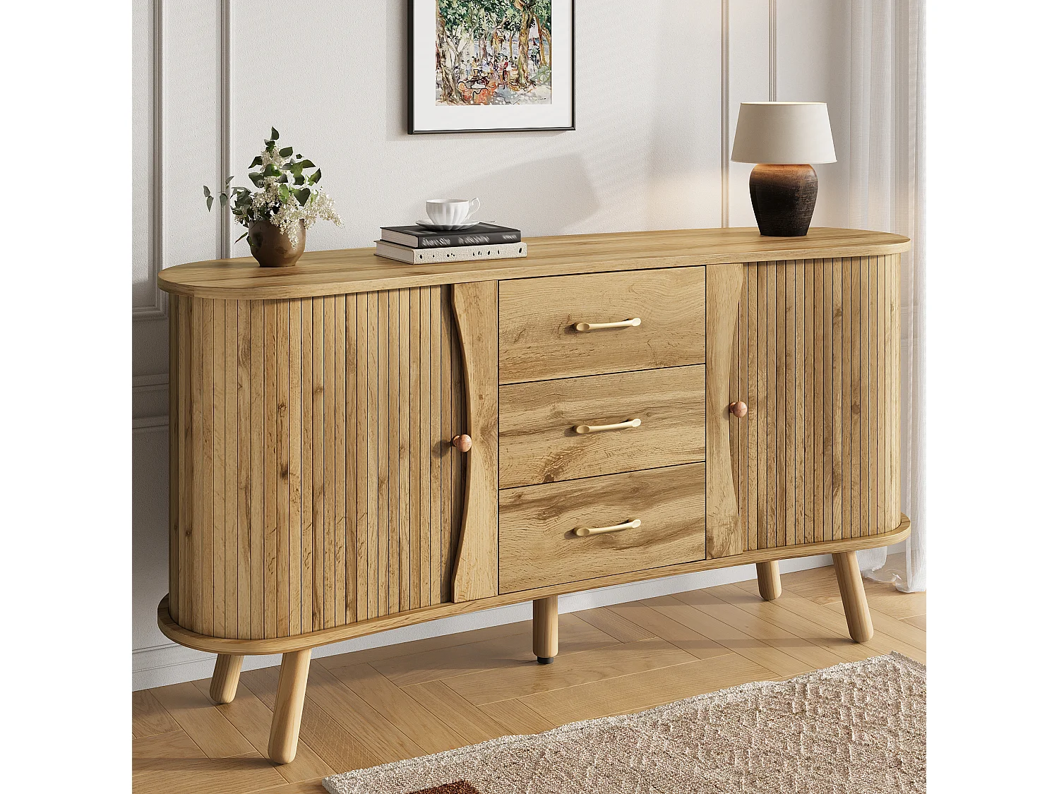 Buffet style scandinave moderne - 150 x 36.5 x 75 cm - avec 2 portes coulissantes + 3 tiroirs - MDF - naturel