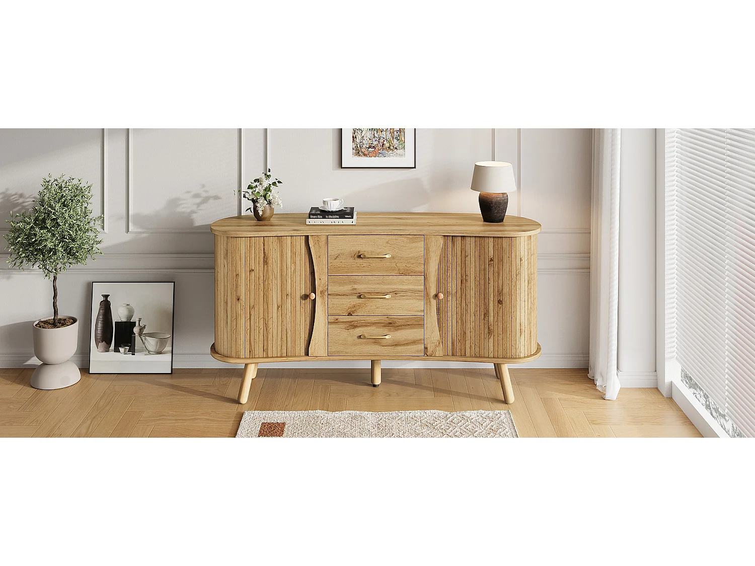 Buffet style scandinave moderne - 150 x 36.5 x 75 cm - avec 2 portes coulissantes + 3 tiroirs - MDF - naturel