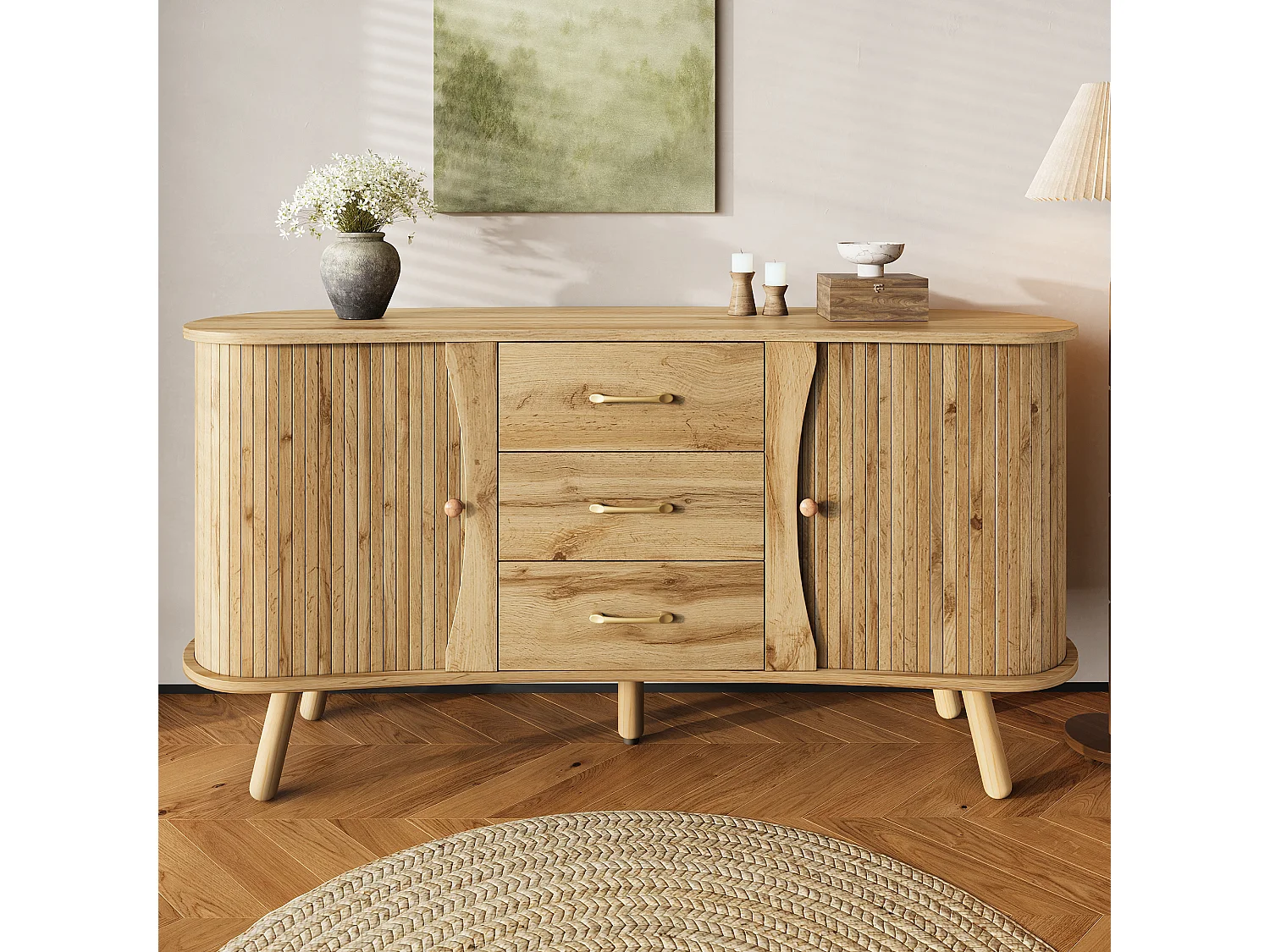 Buffet style scandinave moderne - 150 x 36.5 x 75 cm - avec 2 portes coulissantes + 3 tiroirs - MDF - naturel