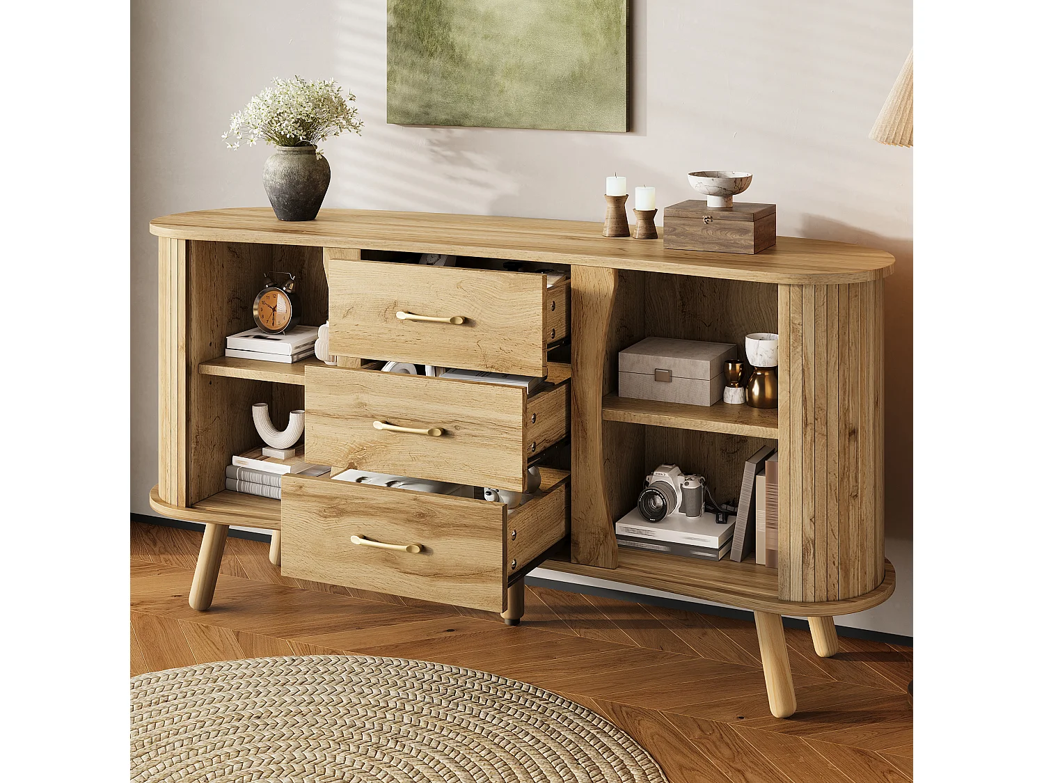 Buffet style scandinave moderne - 150 x 36.5 x 75 cm - avec 2 portes coulissantes + 3 tiroirs - MDF - naturel