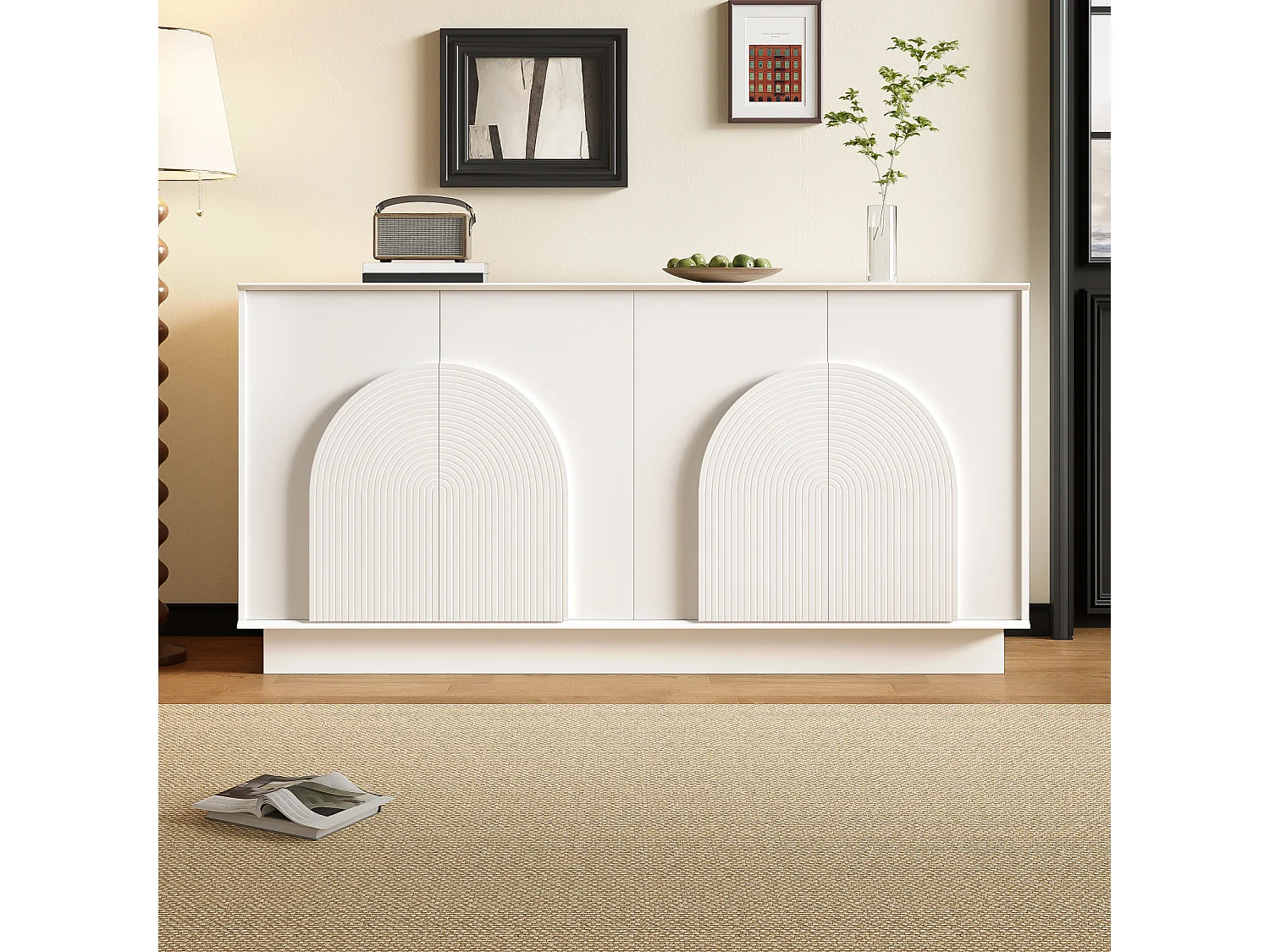 Buffet moderne pour salon - 160 x 38 x 80 cm - avec 4 portes incurvées - MDF - blanc