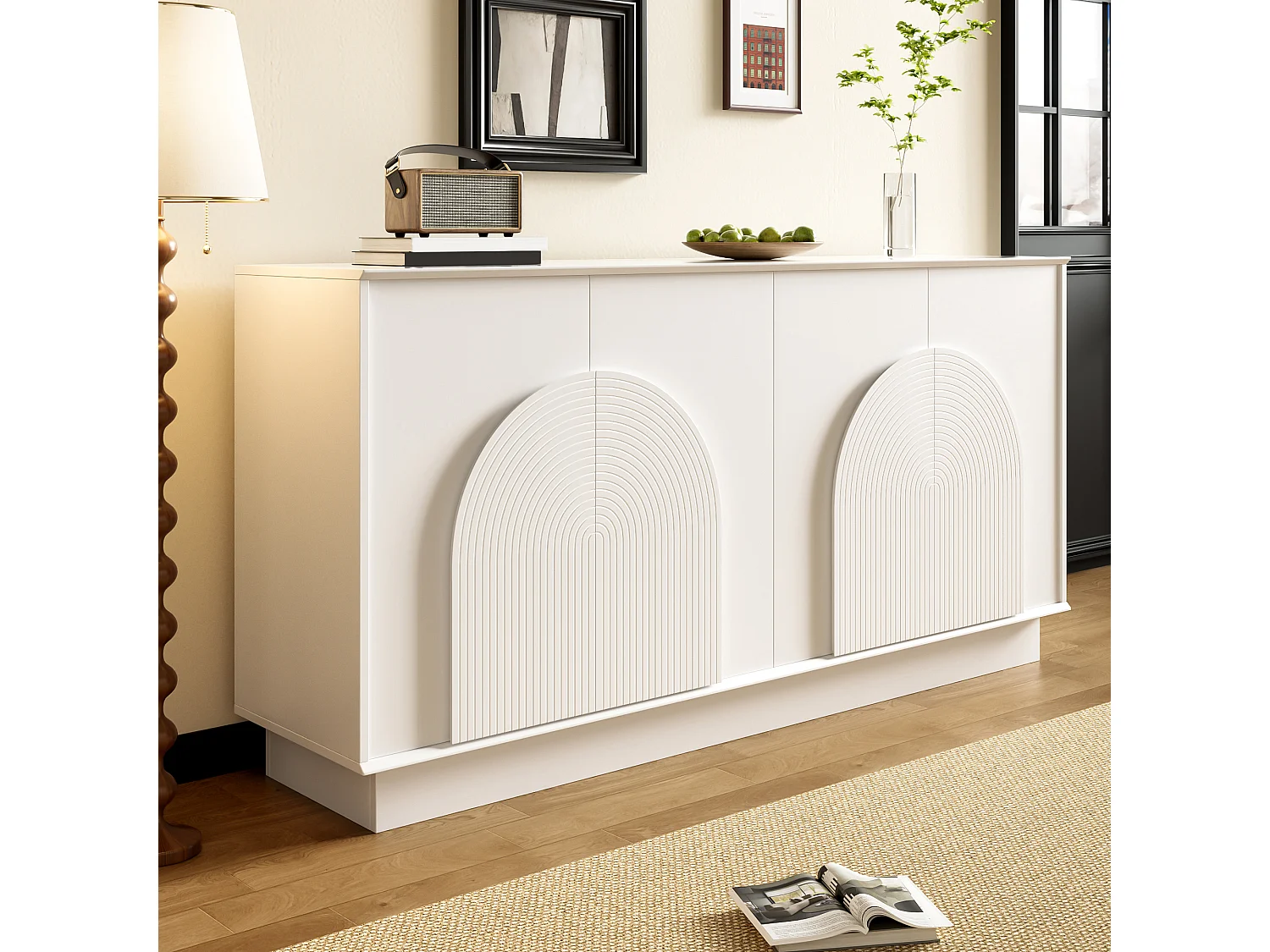 Buffet moderne pour salon - 160 x 38 x 80 cm - avec 4 portes incurvées - MDF - blanc