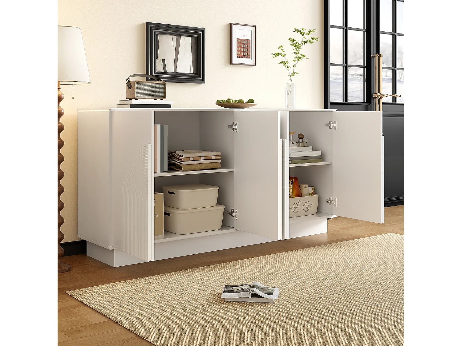 Buffet moderne pour salon - 160 x 38 x 80 cm - avec 4 portes incurvées - MDF - blanc