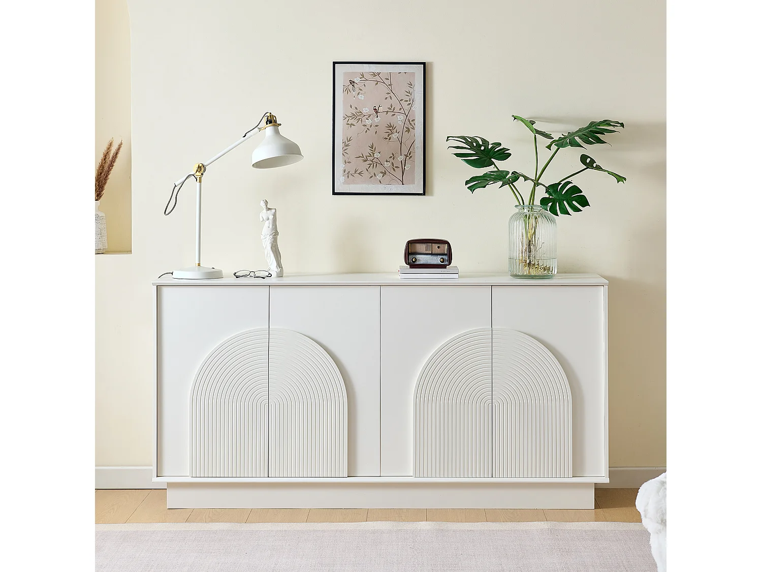 Buffet moderne pour salon - 160 x 38 x 80 cm - avec 4 portes incurvées - MDF - blanc