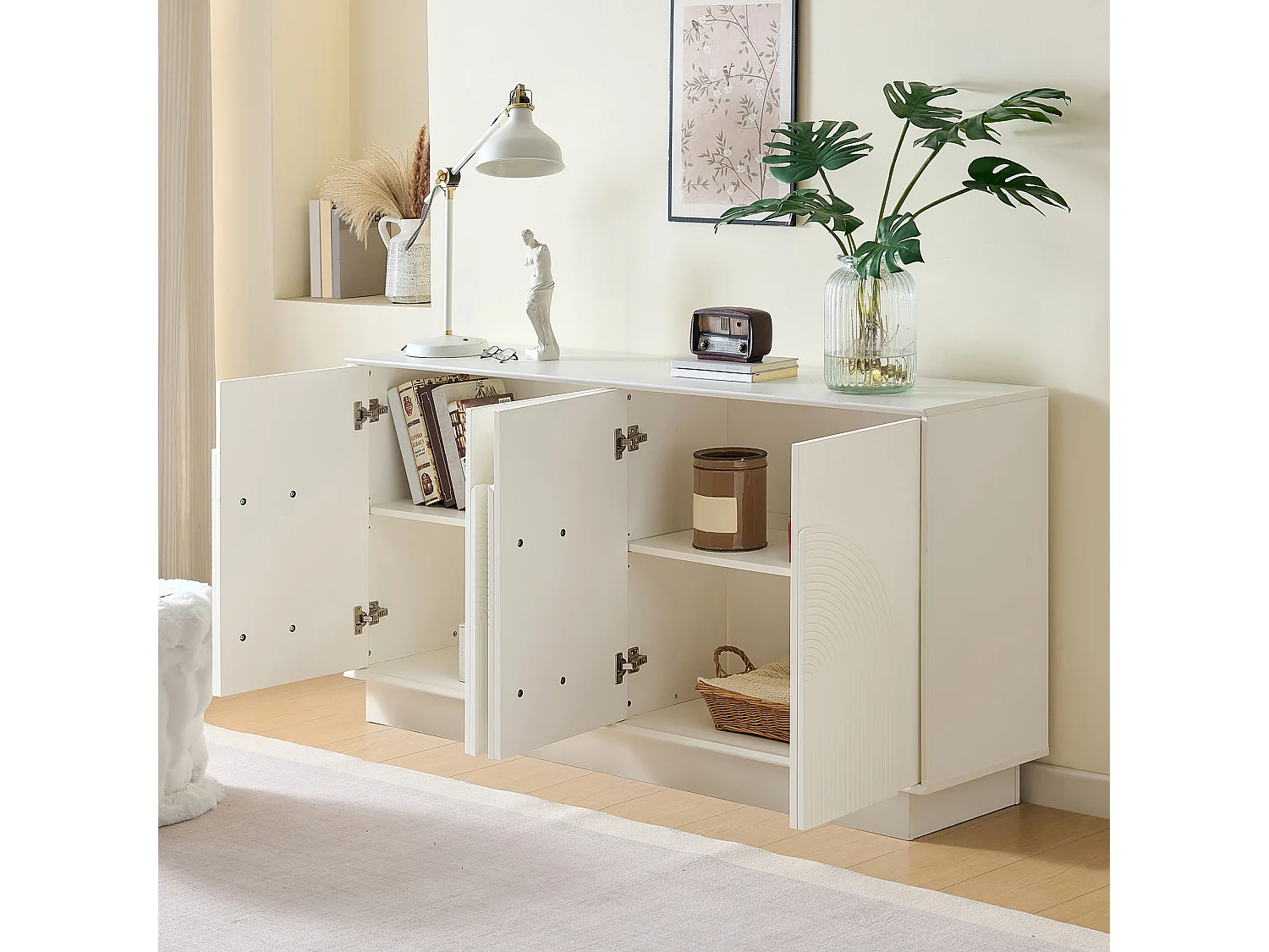 Buffet moderne pour salon - 160 x 38 x 80 cm - avec 4 portes incurvées - MDF - blanc