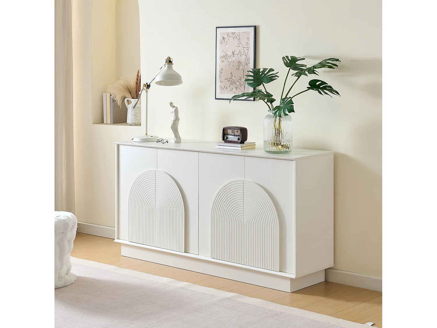 Buffet moderne pour salon - 160 x 38 x 80 cm - avec 4 portes incurvées - MDF - blanc