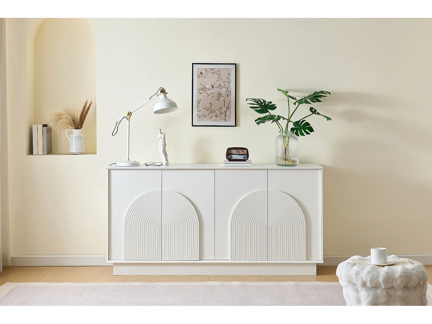 Buffet moderne pour salon - 160 x 38 x 80 cm - avec 4 portes incurvées - MDF - blanc