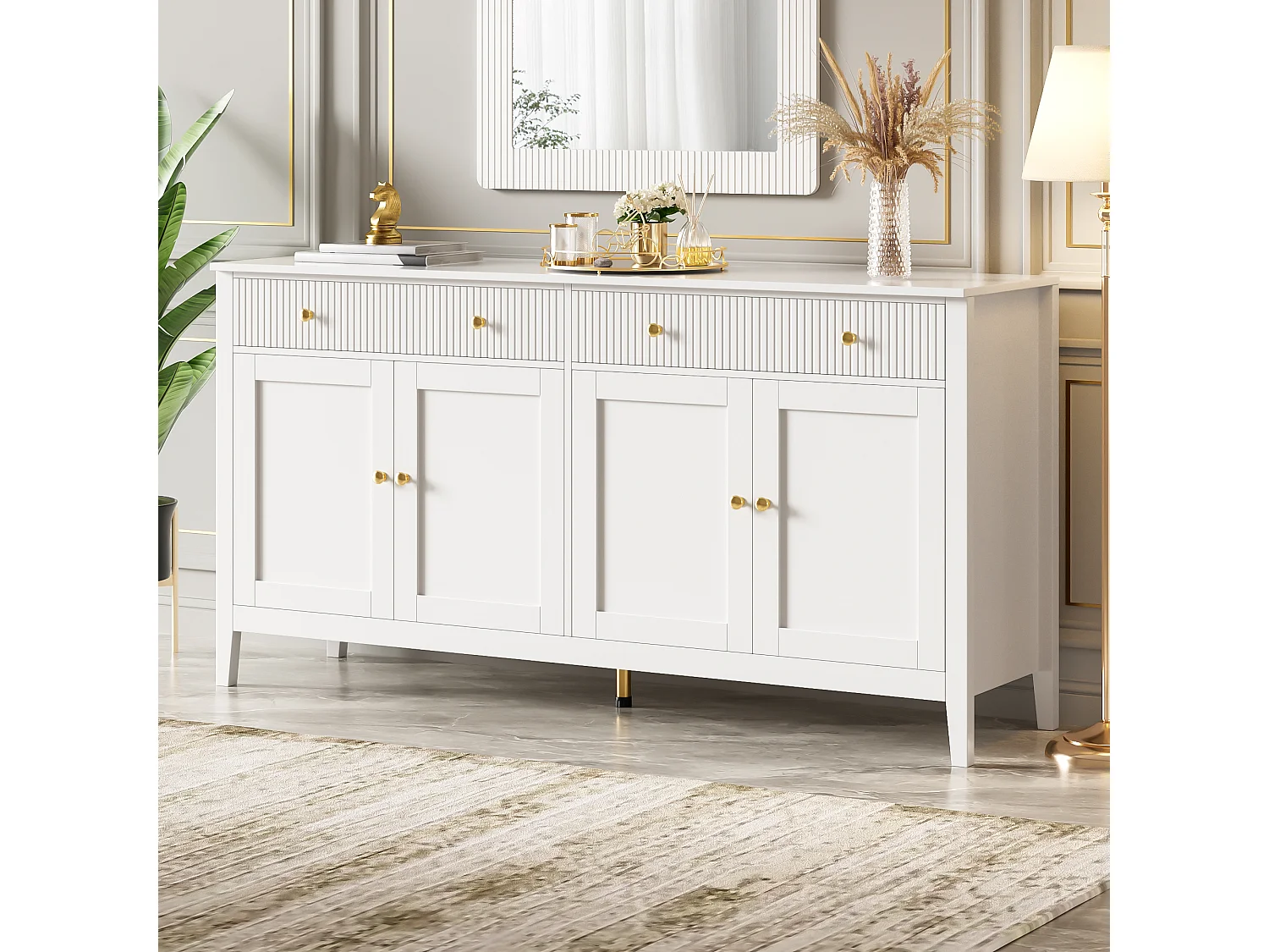 Buffet moderne pour salon - 160 x 40 x 82 cm - avec 4 portes + 2 tiroirs - MDF - blanc