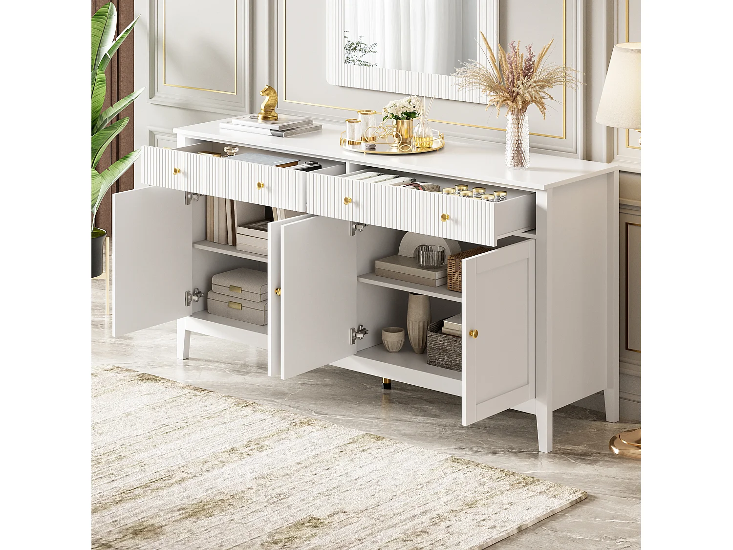 Buffet moderne pour salon - 160 x 40 x 82 cm - avec 4 portes + 2 tiroirs - MDF - blanc