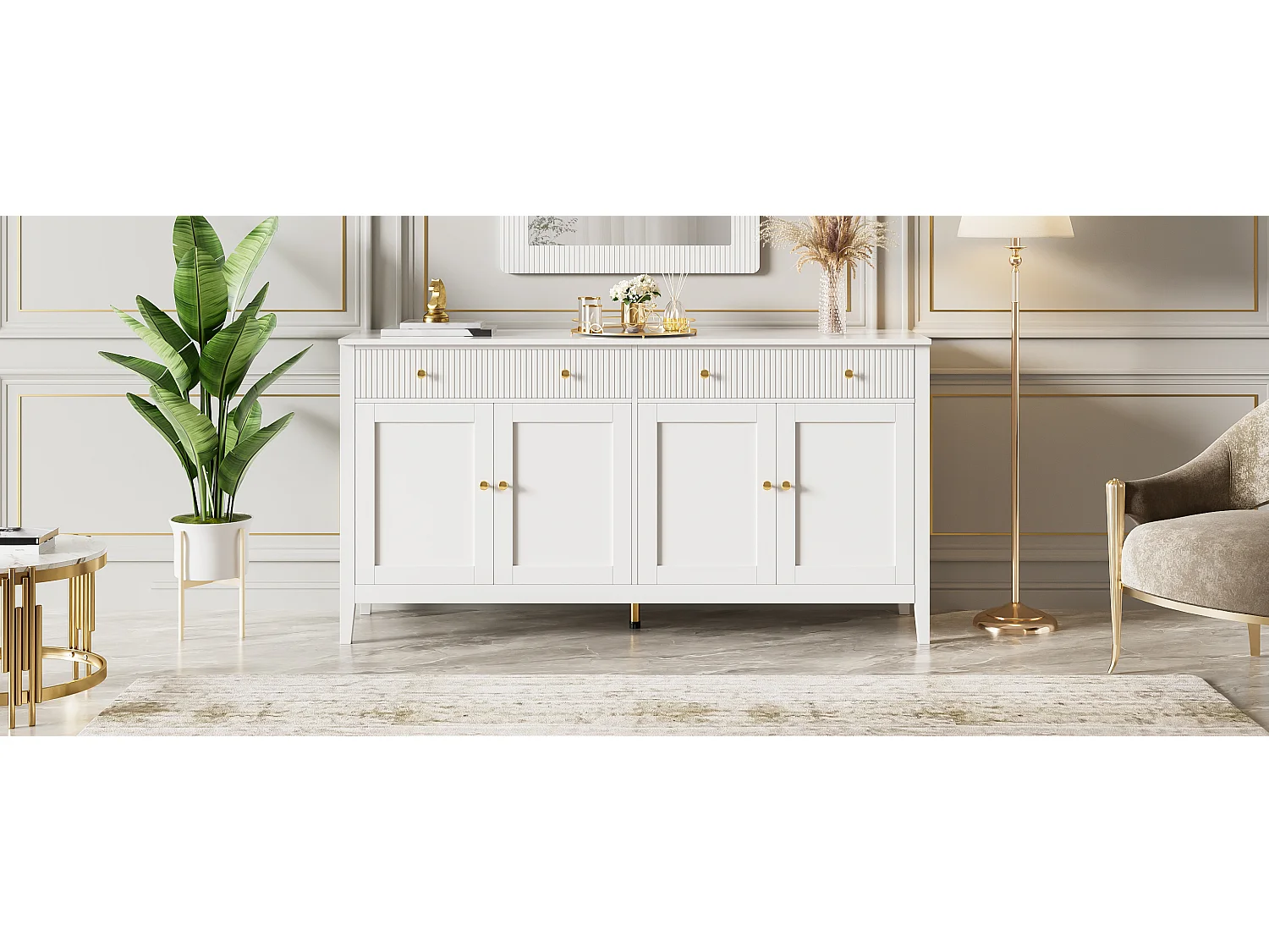 Buffet moderne pour salon - 160 x 40 x 82 cm - avec 4 portes + 2 tiroirs - MDF - blanc
