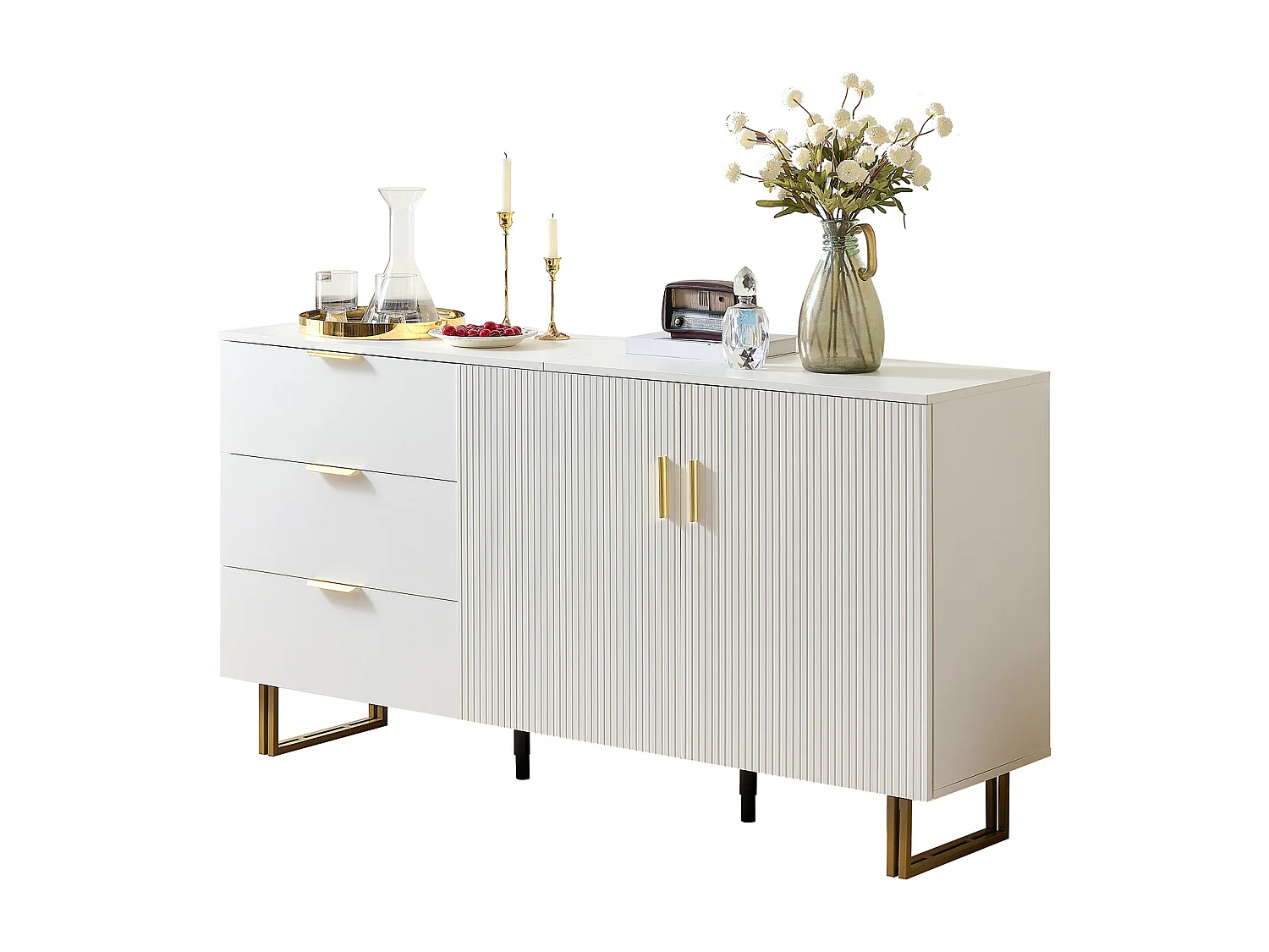 Buffet moderne pour salon - 160 x 40 x 81.5 cm - avec 2 portes + 3 tiroirs - MDF - blanc
