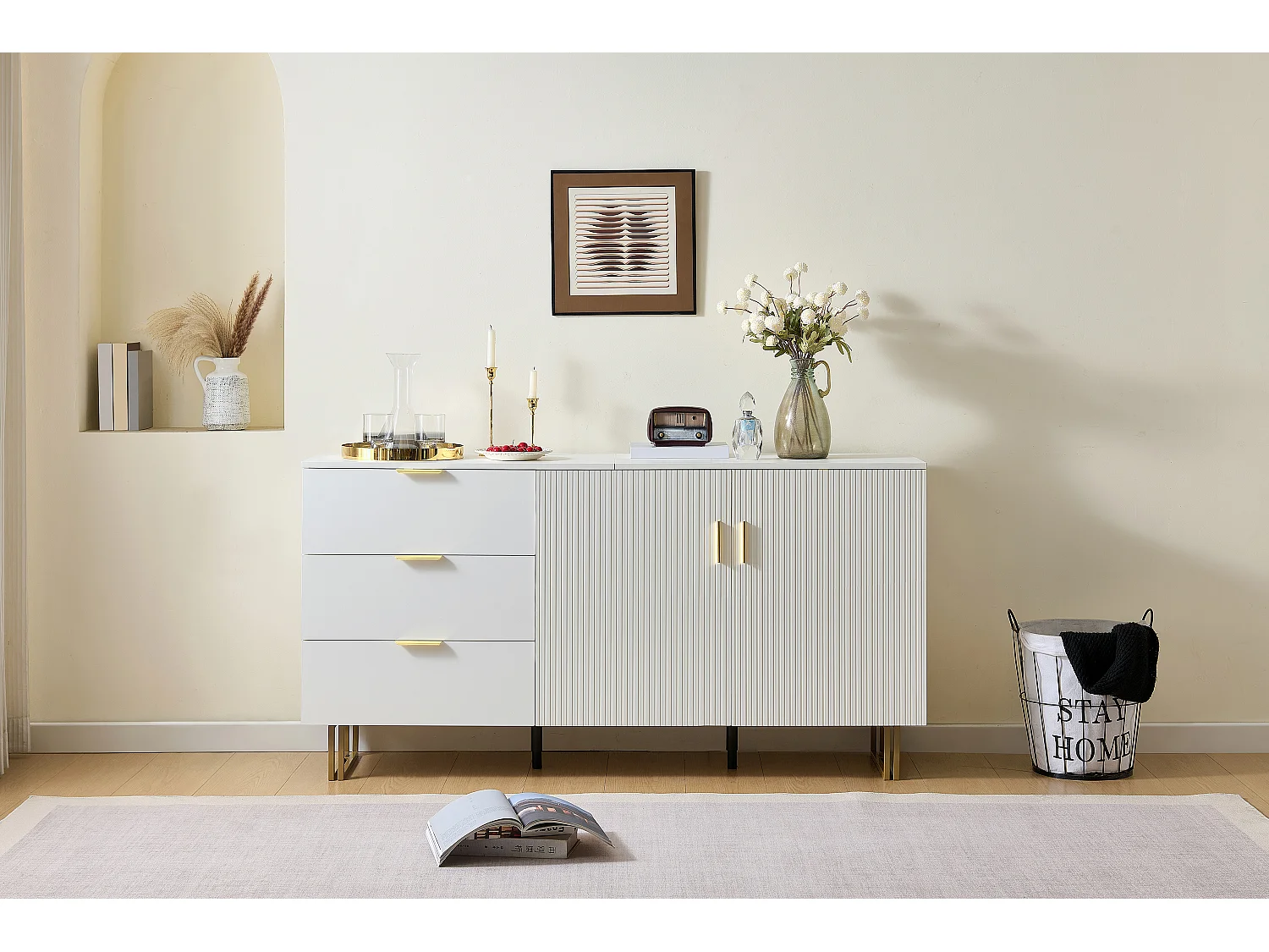 Buffet moderne pour salon - 160 x 40 x 81.5 cm - avec 2 portes + 3 tiroirs - MDF - blanc