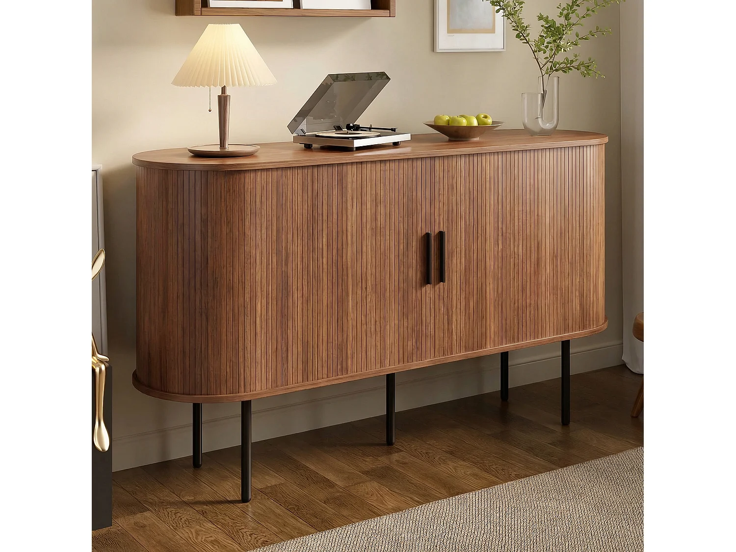 Modernes Sideboard fürs Wohnzimmer – 140 x 40 x 78 cm – mit Rolltüren – Eisenbeine – MDF – braun