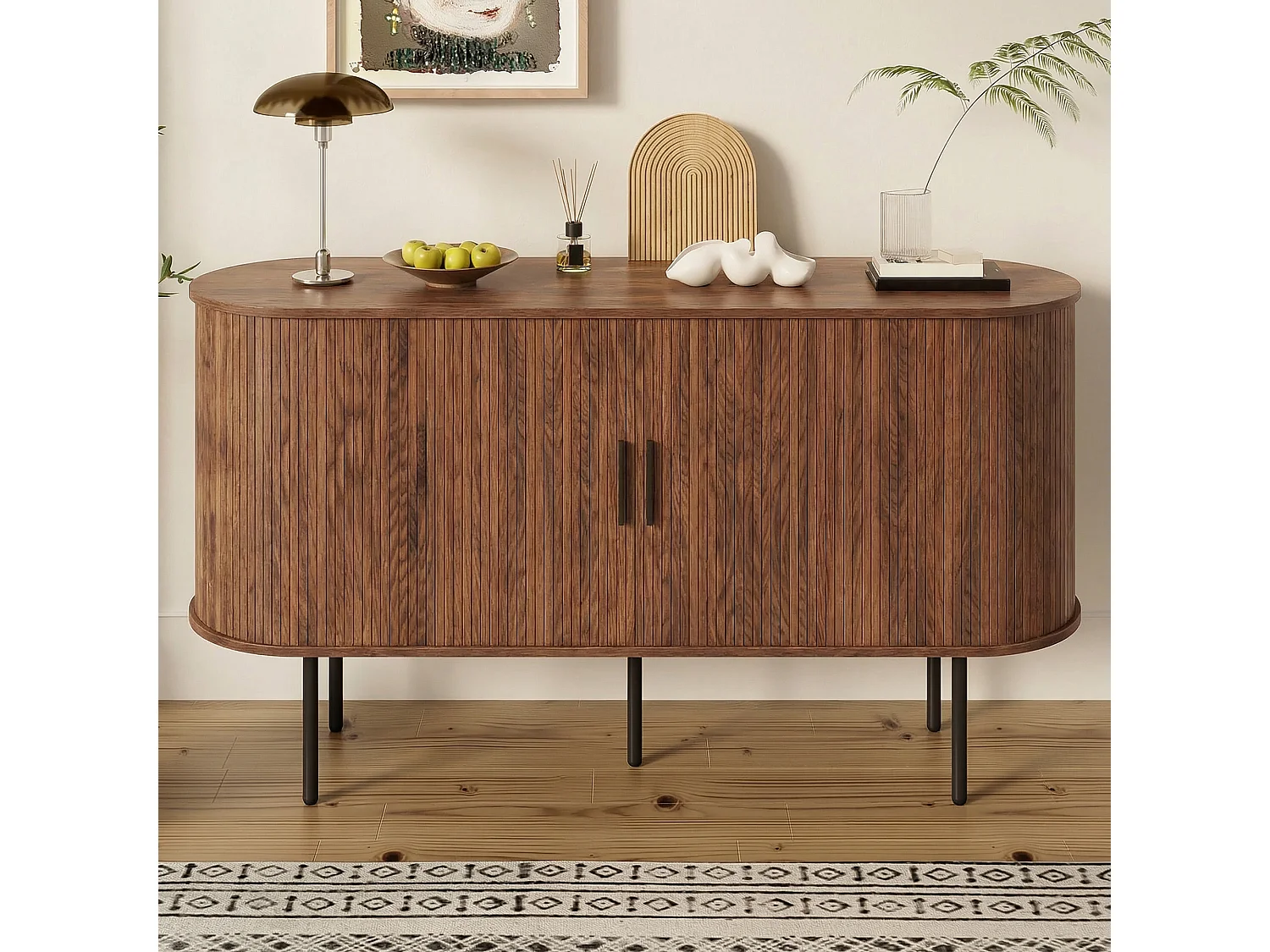 Modernes Sideboard fürs Wohnzimmer – 140 x 40 x 78 cm – mit Rolltüren – Eisenbeine – MDF – braun