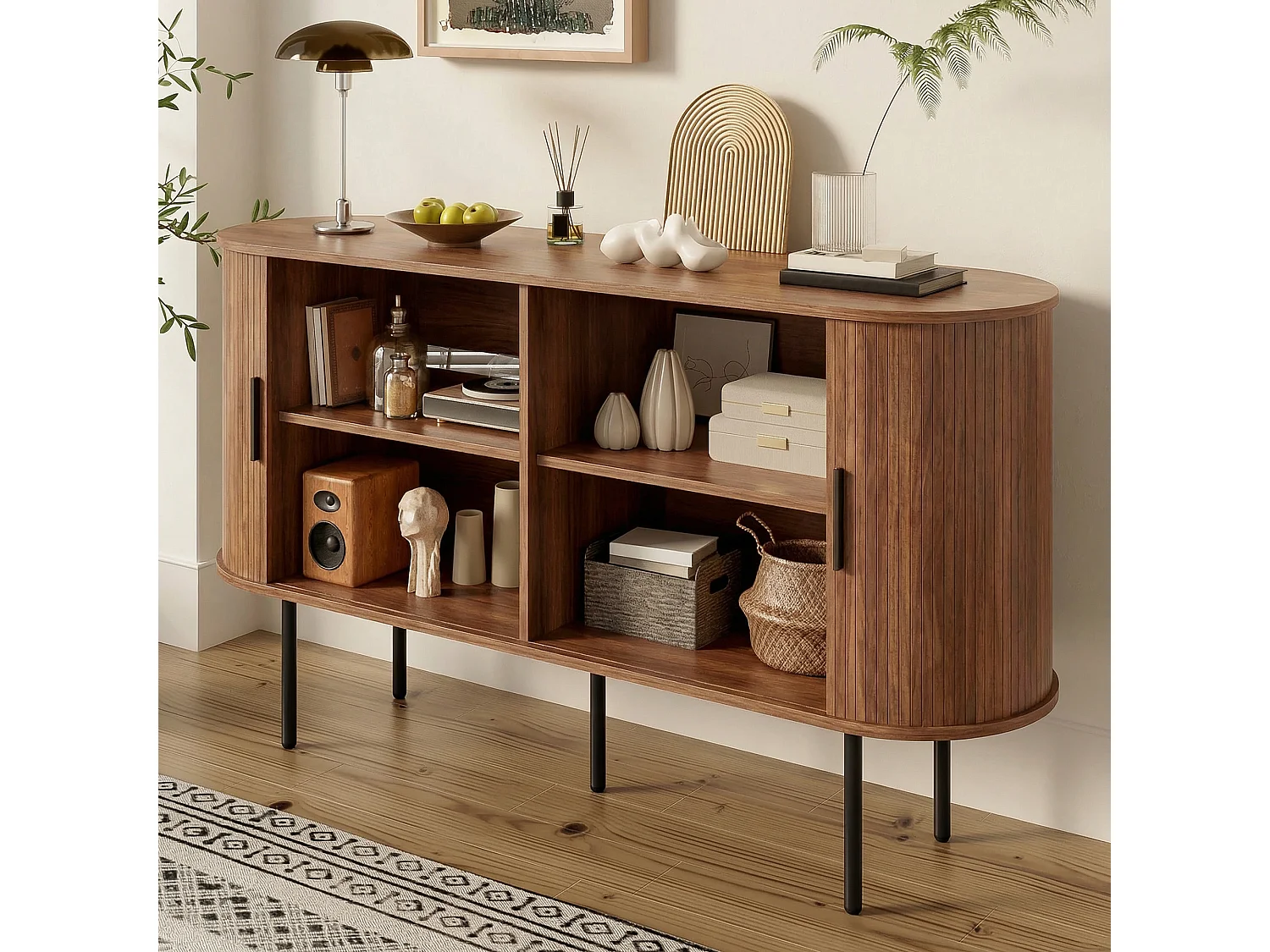Modernes Sideboard fürs Wohnzimmer – 140 x 40 x 78 cm – mit Rolltüren – Eisenbeine – MDF – braun