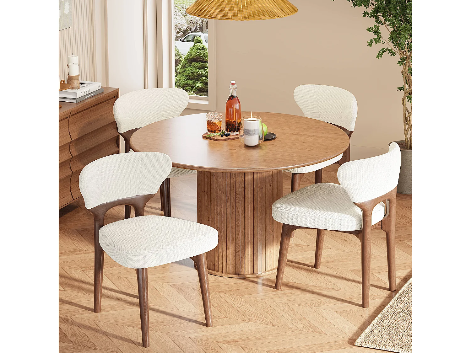 Set van 4 massief houten eetkamerstoelen - 53 x 58,5 x 75 cm - Moderne stijl - fluweel - beige