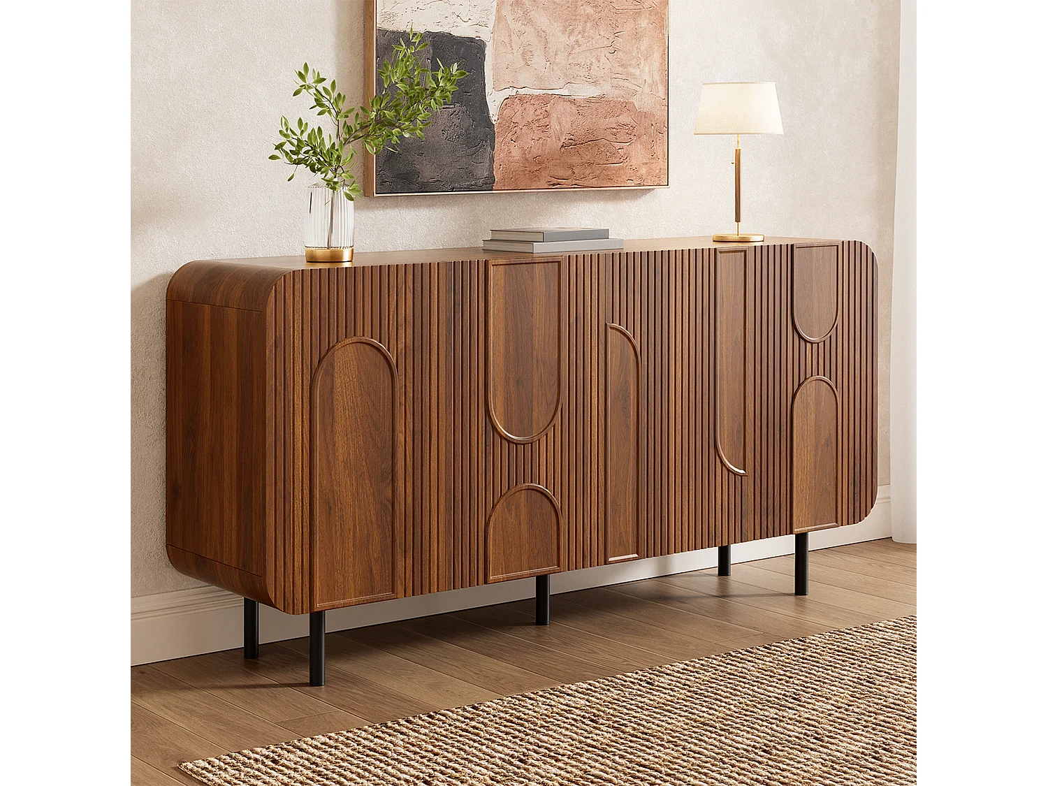 Buffet style années 50 finition noyer - 160 x 40 x 79 cm - avec 4 portes - pieds en métal - MDF + aggloméré - marron