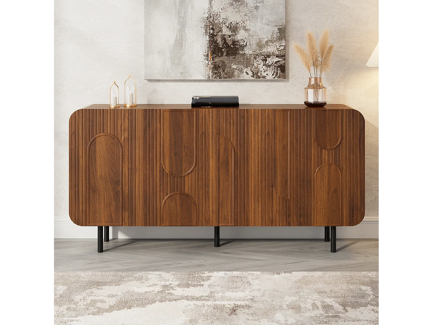 Buffet style années 50 finition noyer - 160 x 40 x 79 cm - avec 4 portes - pieds en métal - MDF + aggloméré - marron