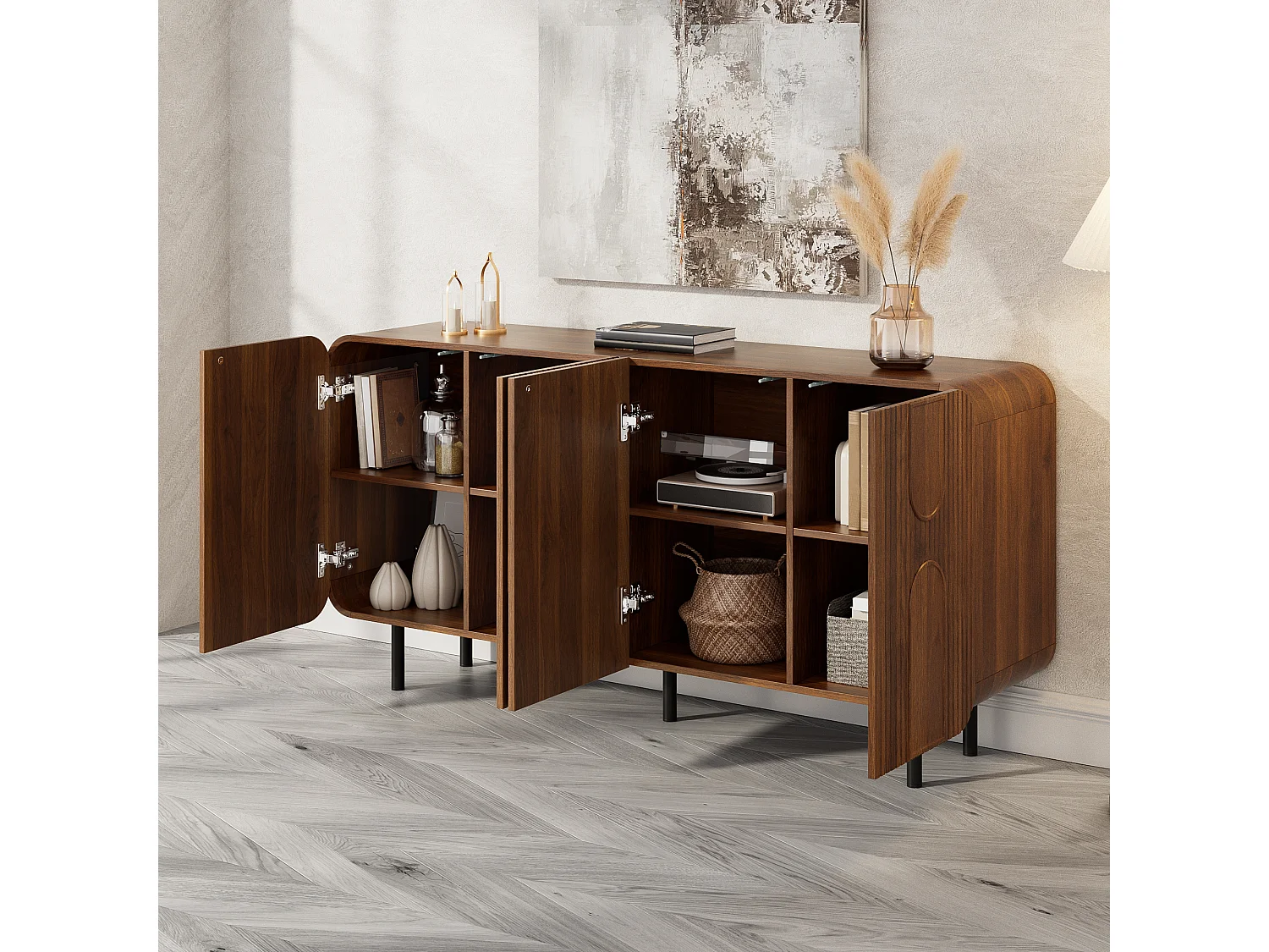 Buffet style années 50 finition noyer - 160 x 40 x 79 cm - avec 4 portes - pieds en métal - MDF + aggloméré - marron