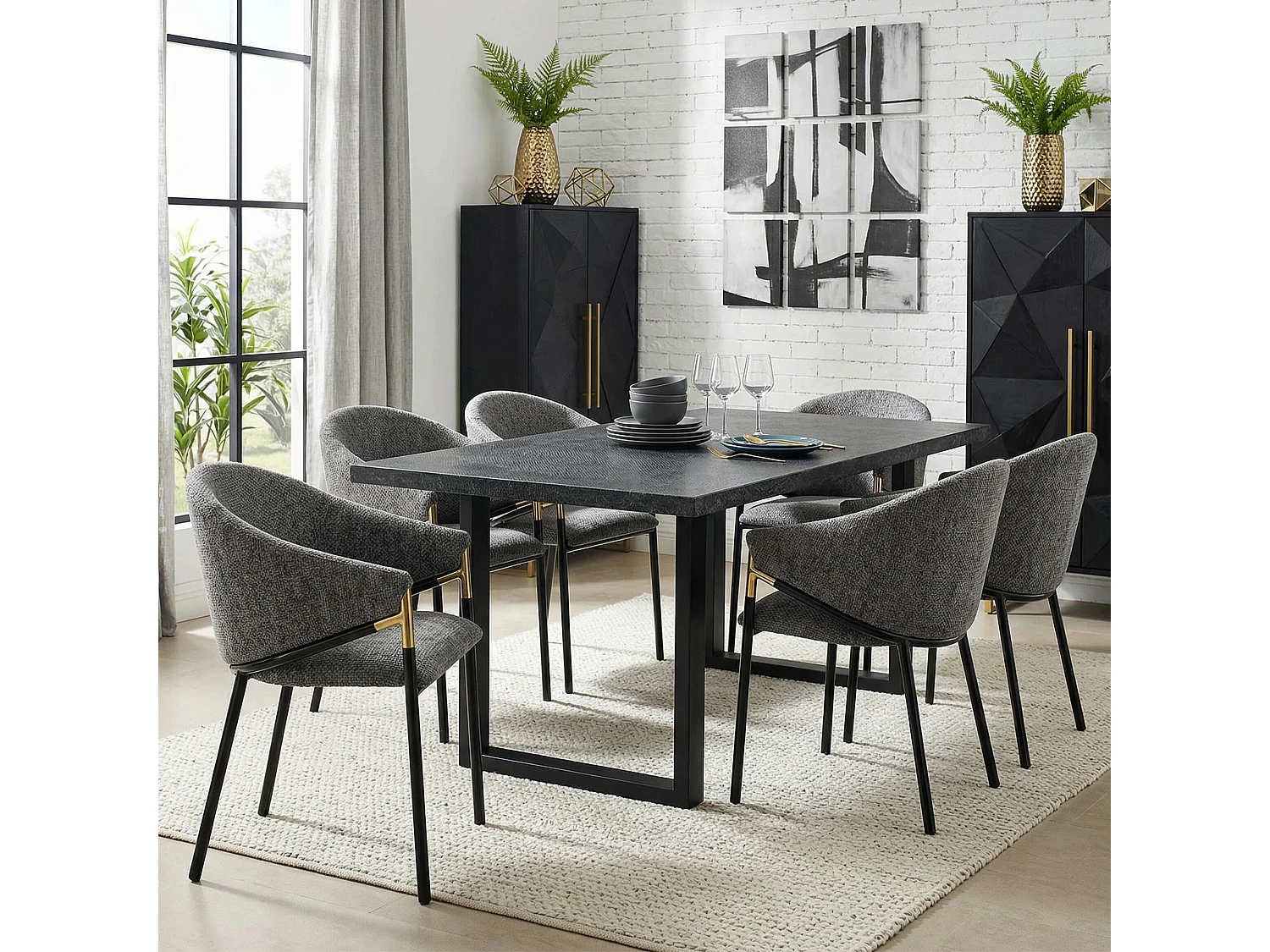 6 Esszimmerstühle – 56,5 x 56,5 x 78,5 cm – Moderner Stil – Goldfarbene Armlehnen – Samt – Grau