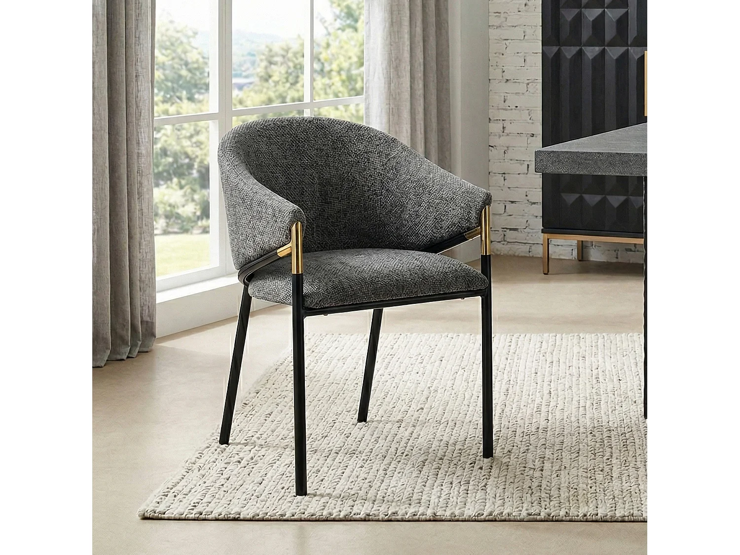 6 Esszimmerstühle – 56,5 x 56,5 x 78,5 cm – Moderner Stil – Goldfarbene Armlehnen – Samt – Grau