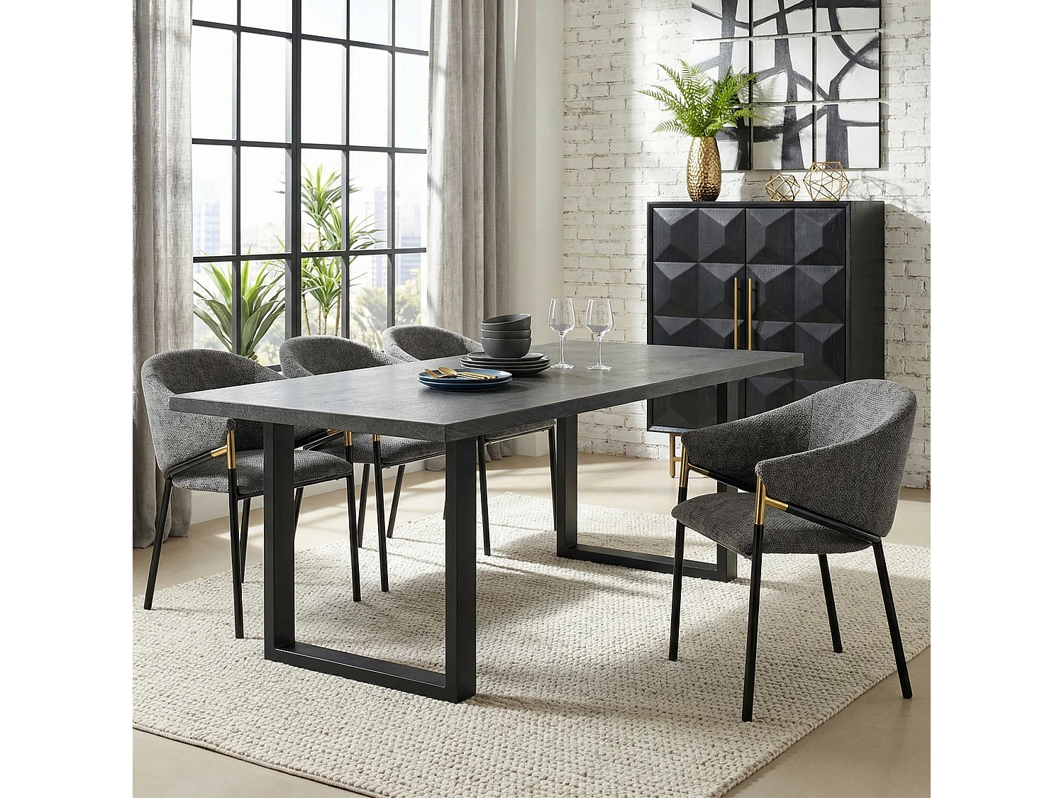 6 Esszimmerstühle – 56,5 x 56,5 x 78,5 cm – Moderner Stil – Goldfarbene Armlehnen – Samt – Grau