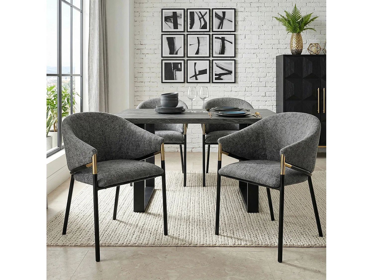 6 Esszimmerstühle – 56,5 x 56,5 x 78,5 cm – Moderner Stil – Goldfarbene Armlehnen – Samt – Grau