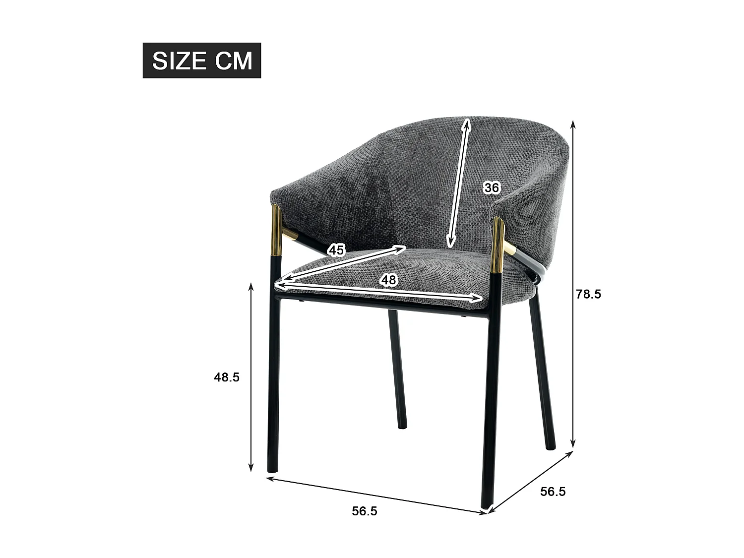 6 Esszimmerstühle – 56,5 x 56,5 x 78,5 cm – Moderner Stil – Goldfarbene Armlehnen – Samt – Grau