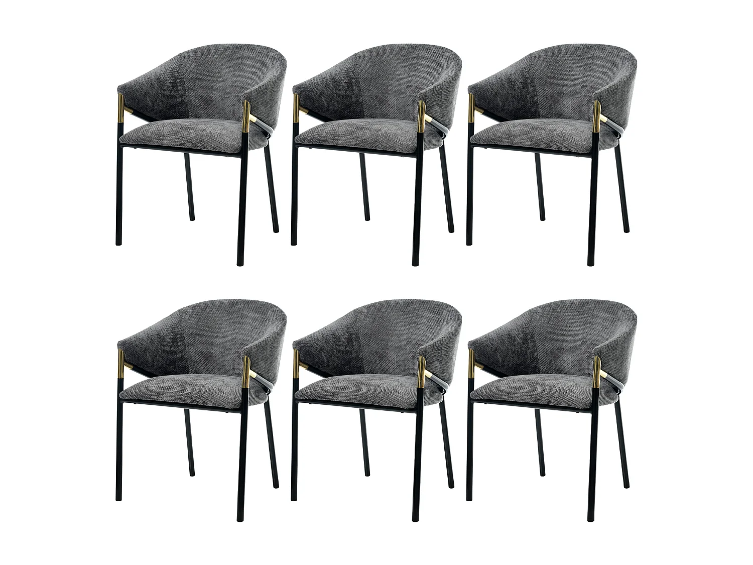6 Esszimmerstühle – 56,5 x 56,5 x 78,5 cm – Moderner Stil – Goldfarbene Armlehnen – Samt – Grau