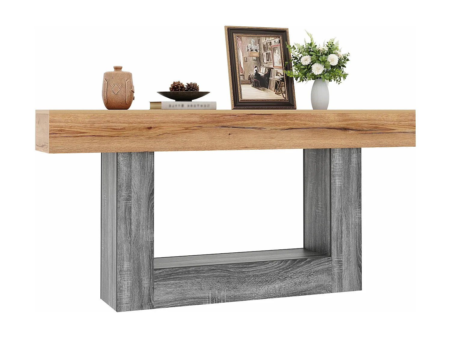 Dwukolorowy stolik konsolowy z efektem drewna - 160 x 30 x 82,5 cm - do przedpokoju/salonu - z dolną półką - płyta wiórowa - naturalny