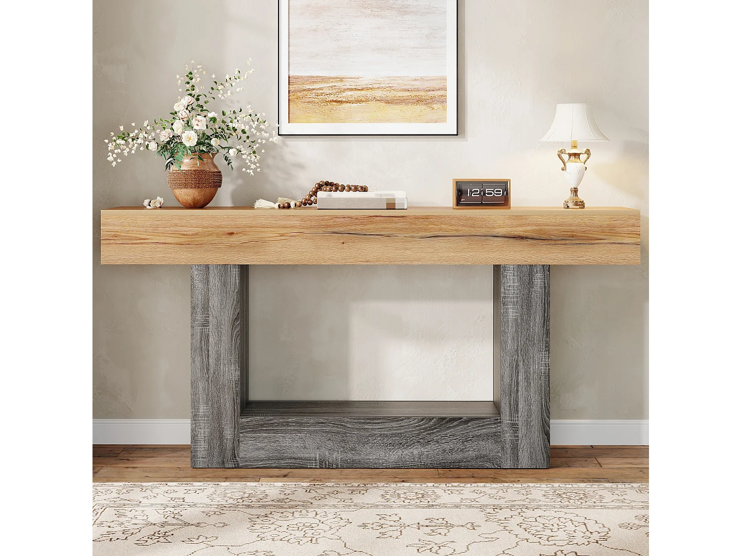 Dwukolorowy stolik konsolowy z efektem drewna - 160 x 30 x 82,5 cm - do przedpokoju/salonu - z dolną półką - płyta wiórowa - naturalny