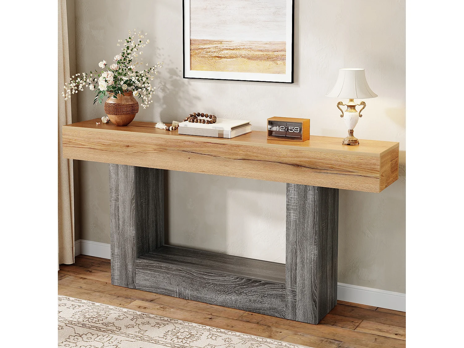 Dwukolorowy stolik konsolowy z efektem drewna - 160 x 30 x 82,5 cm - do przedpokoju/salonu - z dolną półką - płyta wiórowa - naturalny