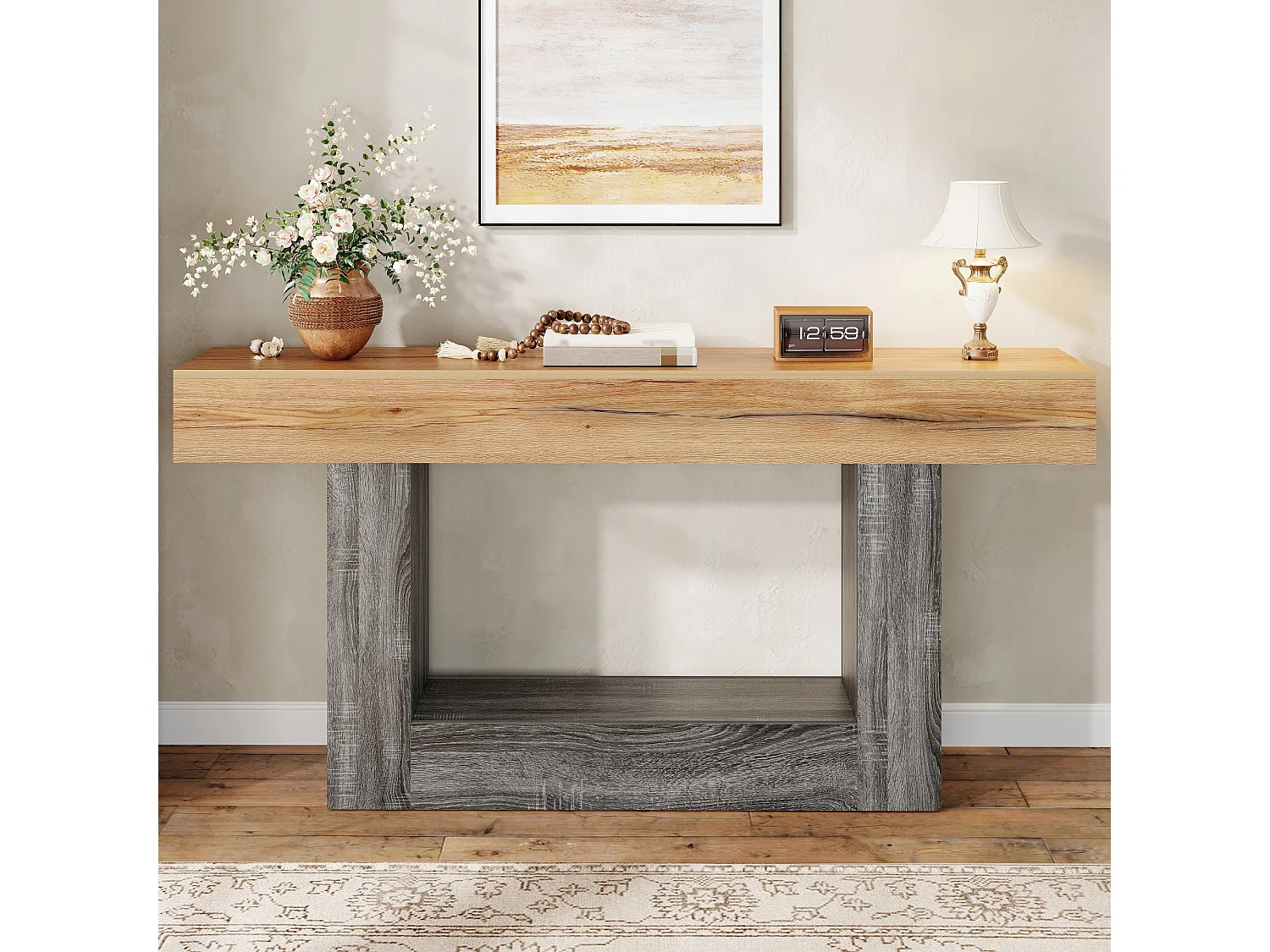 Dwukolorowy stolik konsolowy z efektem drewna - 160 x 30 x 82,5 cm - do przedpokoju/salonu - z dolną półką - płyta wiórowa - naturalny