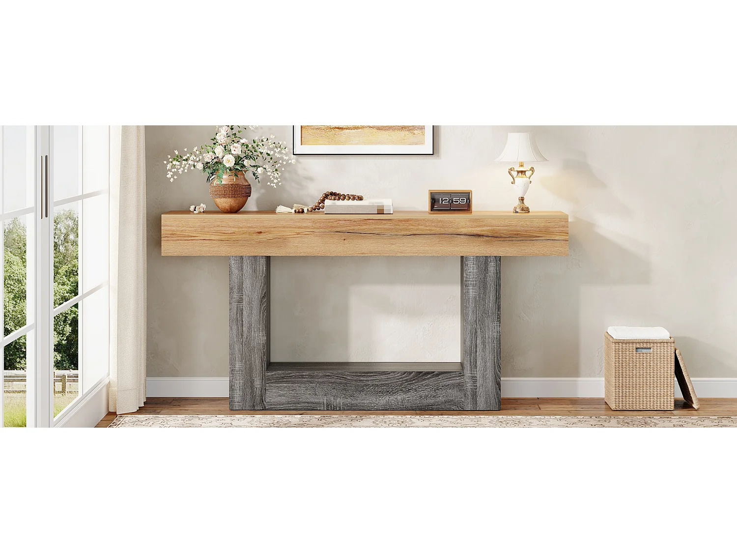 Dwukolorowy stolik konsolowy z efektem drewna - 160 x 30 x 82,5 cm - do przedpokoju/salonu - z dolną półką - płyta wiórowa - naturalny