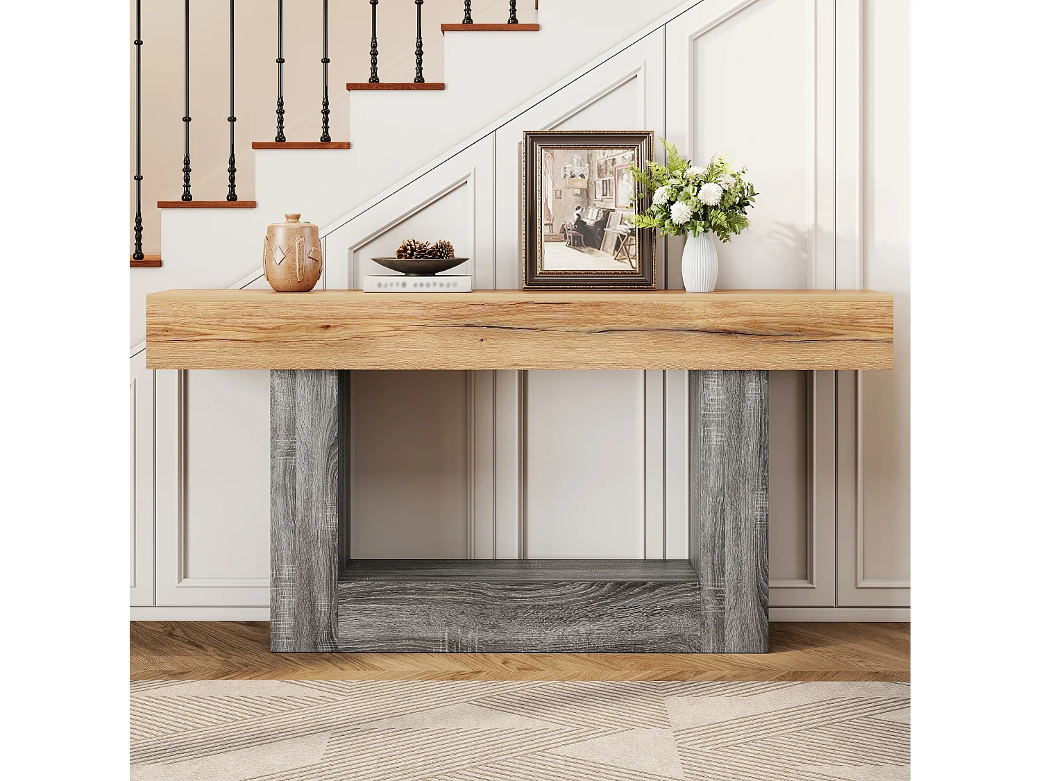 Dwukolorowy stolik konsolowy z efektem drewna - 160 x 30 x 82,5 cm - do przedpokoju/salonu - z dolną półką - płyta wiórowa - naturalny