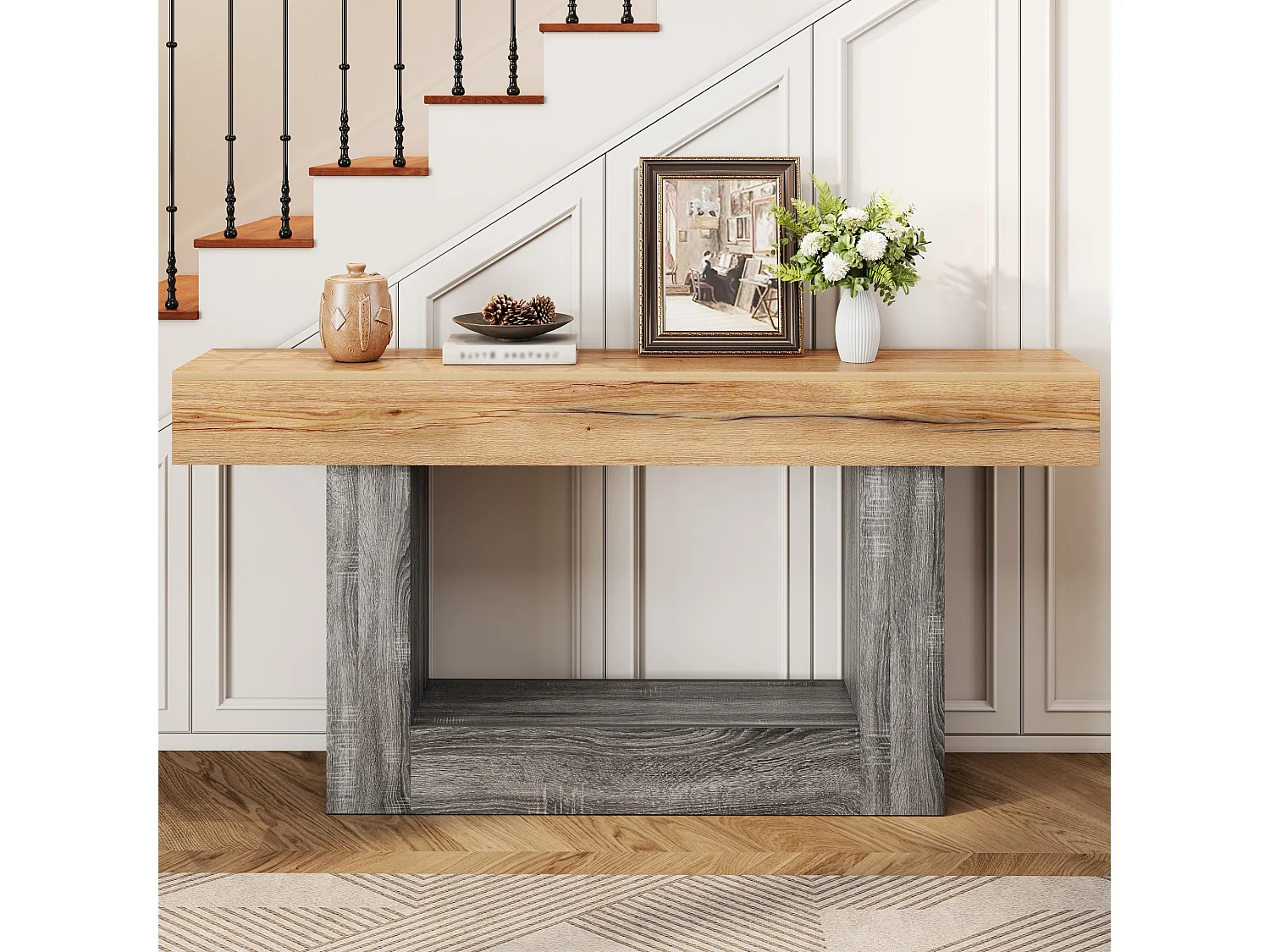 Dwukolorowy stolik konsolowy z efektem drewna - 160 x 30 x 82,5 cm - do przedpokoju/salonu - z dolną półką - płyta wiórowa - naturalny