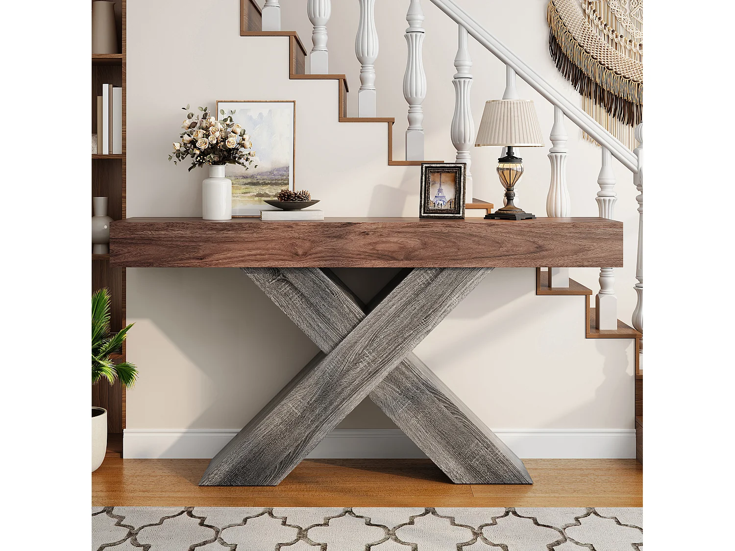 Schmaler Konsolentisch mit X-förmigen Beinen – 140 x 30 x 80 cm – Holzoptik – für Eingangsbereich/Wohnzimmer – Spanplatte – braun