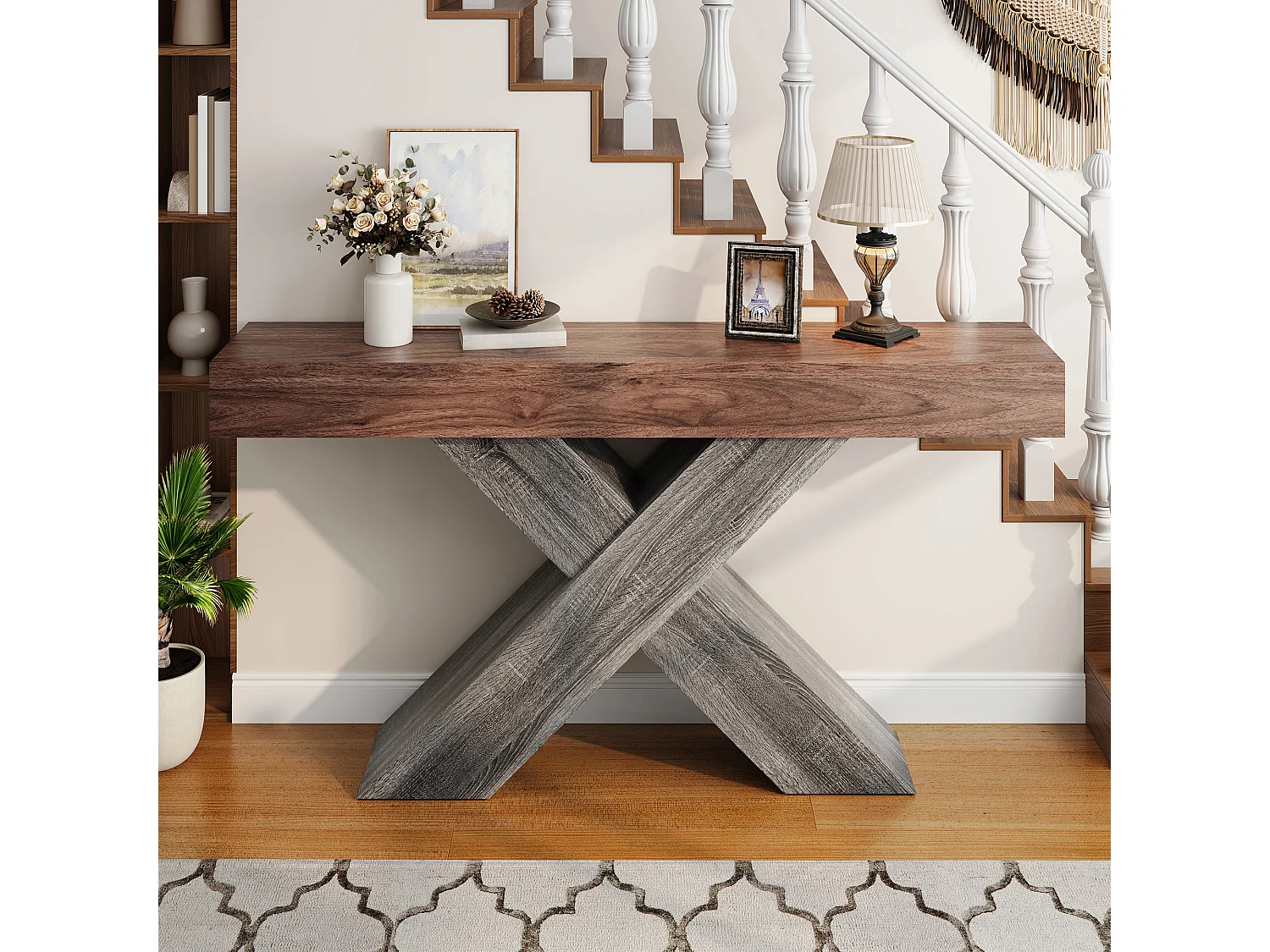 Schmaler Konsolentisch mit X-förmigen Beinen – 140 x 30 x 80 cm – Holzoptik – für Eingangsbereich/Wohnzimmer – Spanplatte – braun