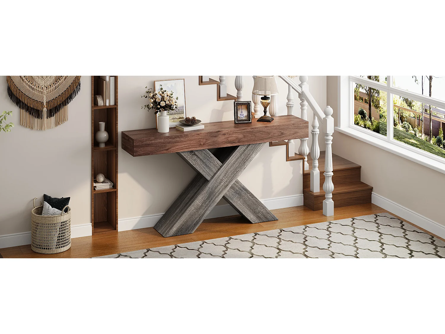 Schmaler Konsolentisch mit X-förmigen Beinen – 140 x 30 x 80 cm – Holzoptik – für Eingangsbereich/Wohnzimmer – Spanplatte – braun