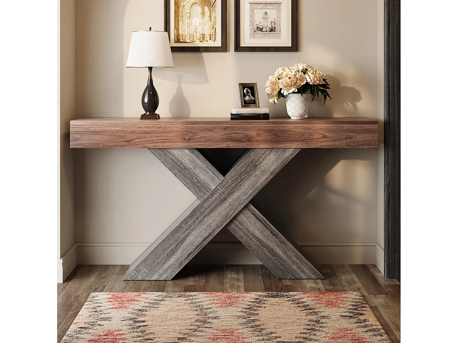 Schmaler Konsolentisch mit X-förmigen Beinen – 140 x 30 x 80 cm – Holzoptik – für Eingangsbereich/Wohnzimmer – Spanplatte – braun