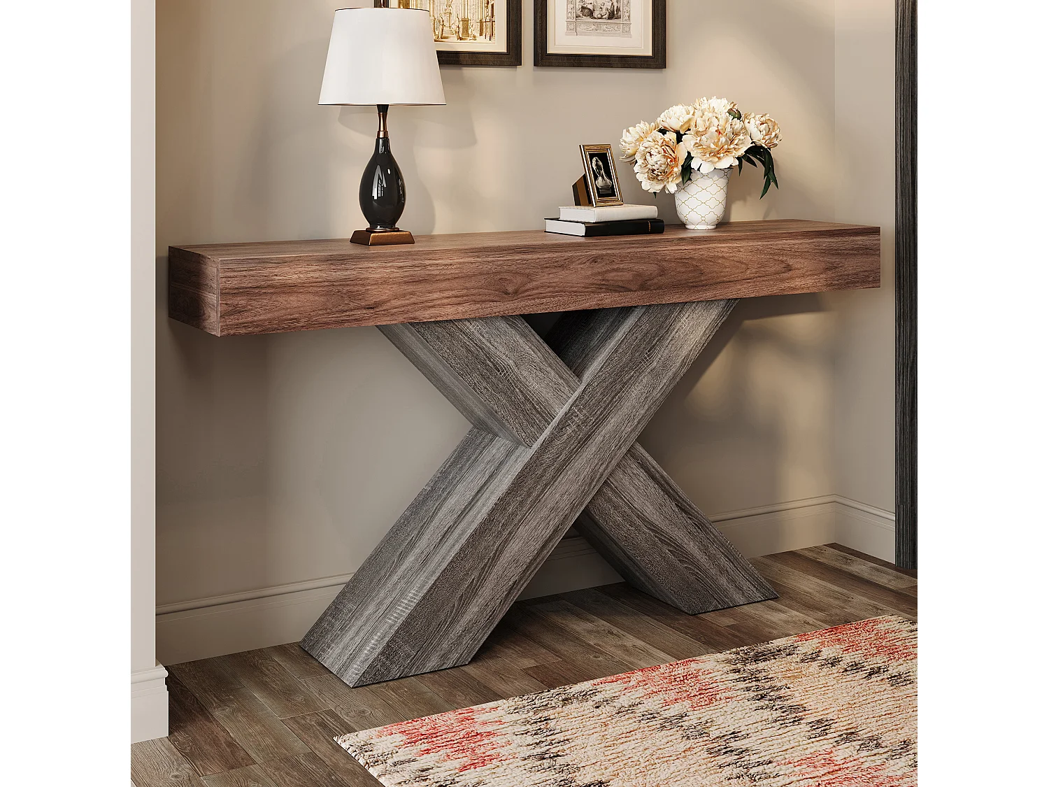 Schmaler Konsolentisch mit X-förmigen Beinen – 140 x 30 x 80 cm – Holzoptik – für Eingangsbereich/Wohnzimmer – Spanplatte – braun