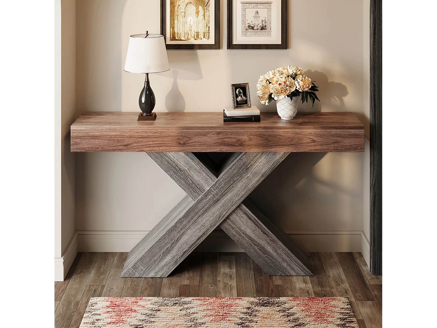 Schmaler Konsolentisch mit X-förmigen Beinen – 140 x 30 x 80 cm – Holzoptik – für Eingangsbereich/Wohnzimmer – Spanplatte – braun