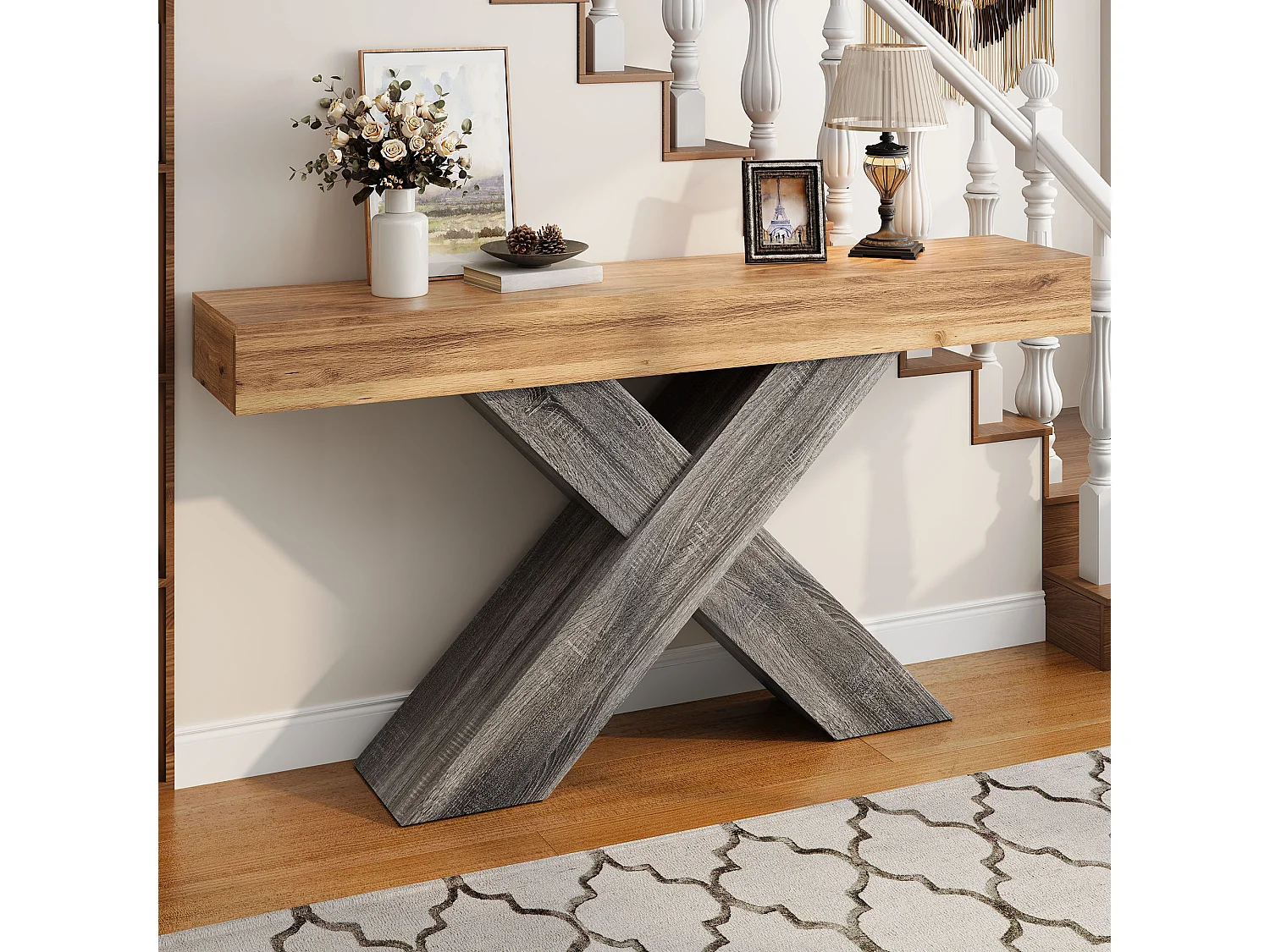 Schmaler Konsolentisch mit X-förmigen Beinen – 140 x 30 x 80 cm – Holzoptik – für Eingangsbereich/Wohnzimmer – Spanplatte – natur