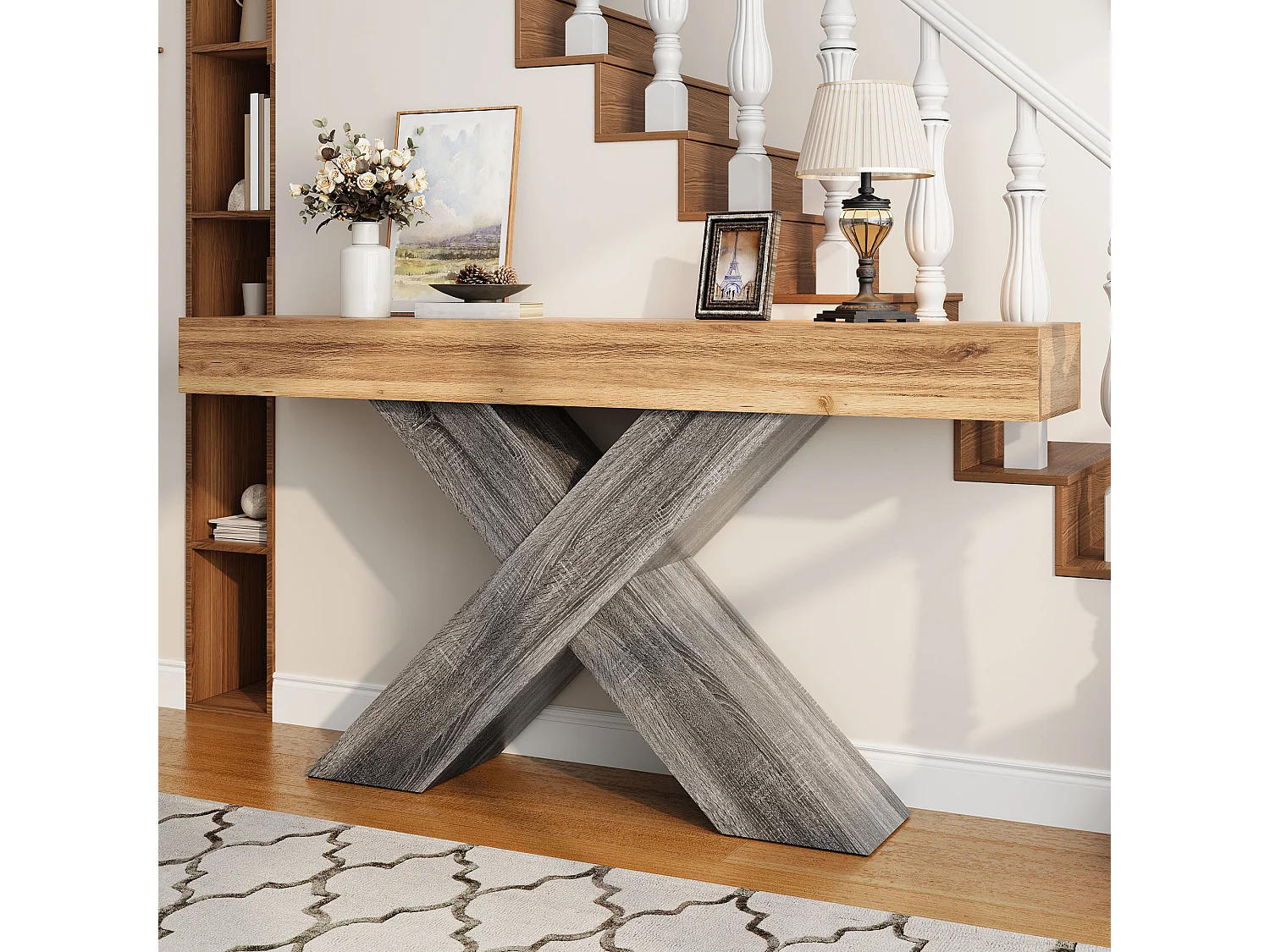 Schmaler Konsolentisch mit X-förmigen Beinen – 140 x 30 x 80 cm – Holzoptik – für Eingangsbereich/Wohnzimmer – Spanplatte – natur