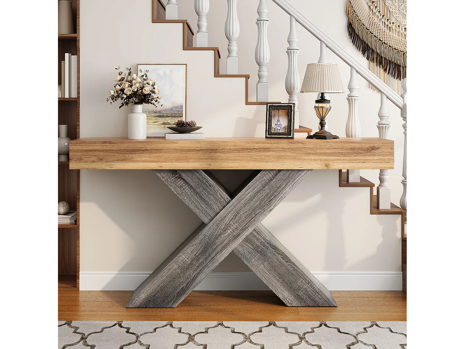 Schmaler Konsolentisch mit X-förmigen Beinen – 140 x 30 x 80 cm – Holzoptik – für Eingangsbereich/Wohnzimmer – Spanplatte – natur