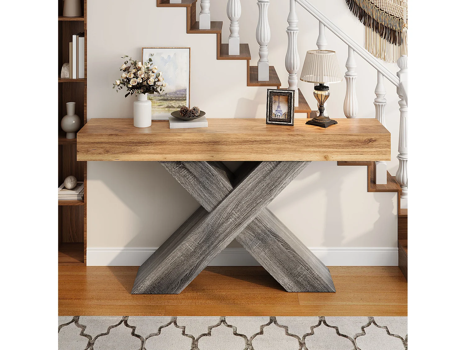 Schmaler Konsolentisch mit X-förmigen Beinen – 140 x 30 x 80 cm – Holzoptik – für Eingangsbereich/Wohnzimmer – Spanplatte – natur